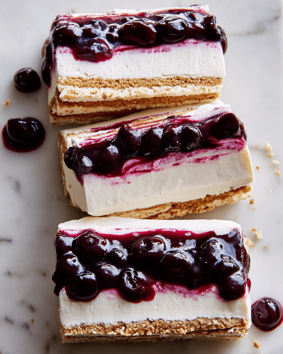 The image shows three slices of a layered dessert on a white marbled surface. Each slice has five layers: the first layer is a crumbly light brown biscuit or cookie base, topped by a thick creamy white layer, then a glossy dark purple berry sauce layer with whole berries, followed by another thin crumbly biscuit layer, and finished with a thick creamy white layer on top. The berry sauce is spread unevenly and oozes slightly on top of some slices, creating a shiny and moist contrast to the smooth cream and crumbly biscuit layers. Photo taken with an iphone --ar 4:5 --v 7