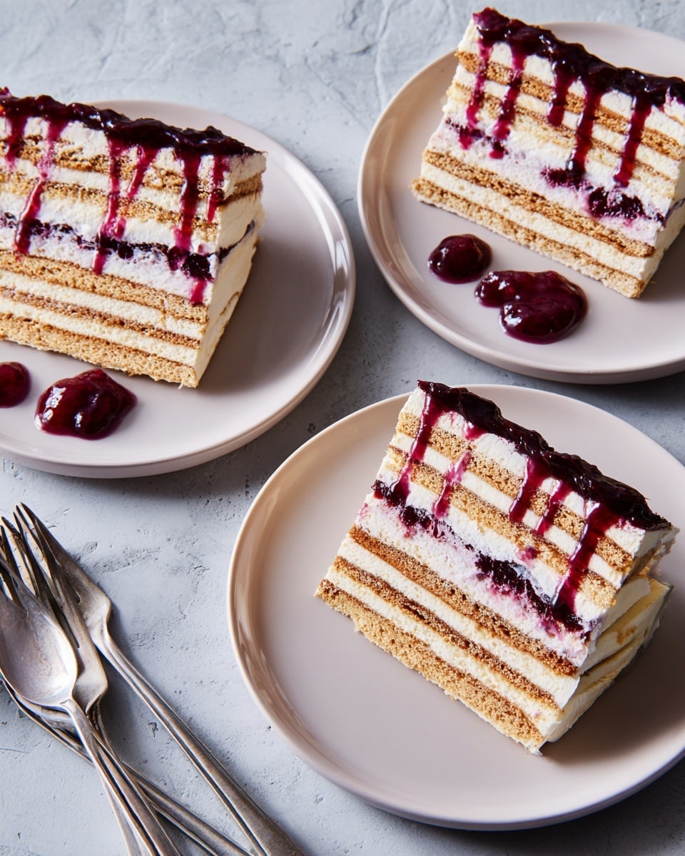 Three slices of layered dessert each placed on separate white plates, showing five thin layers of light brown biscuit alternating with four layers of creamy white filling. On top of each slice, there are dark red and purple fruit sauces drizzled in vertical lines, with small dollops of fruit jam beside the slices. Each plate has a silver fork resting beside the dessert. The scene is set against a white marbled texture background. photo taken with an iphone --ar 4:5 --v 7