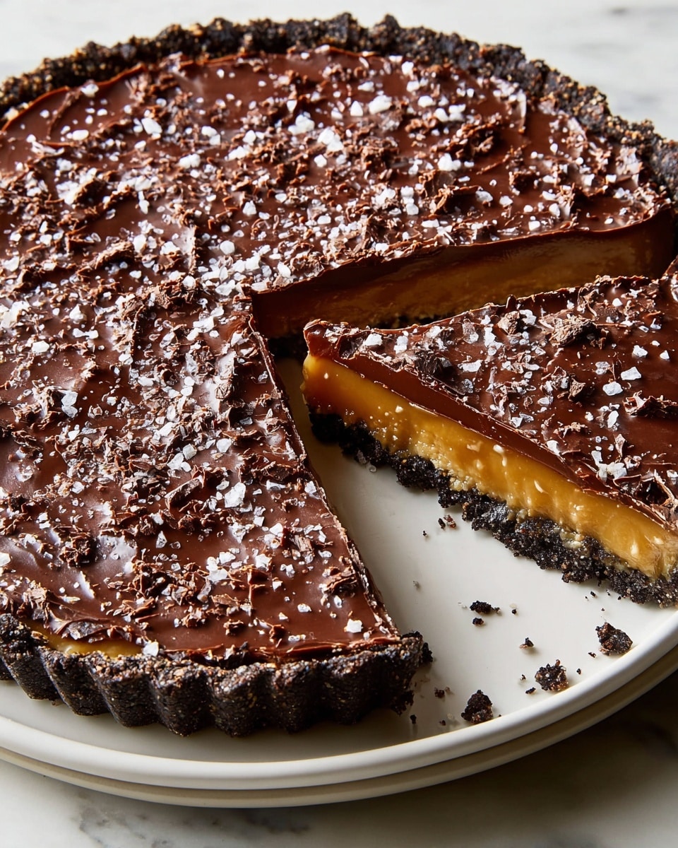 A close-up view of a round tart with three distinct layers on a white plate set on a white marbled surface. The bottom layer is a dark, crumbly crust with a rough and uneven edge. Above it is a glossy, golden caramel layer, slightly oozing out from under the top layer. The top layer is thick, uneven textured chocolate with small crunchy bits and a sprinkle of white flaky salt scattered across it. One slice is partially pulled out, showing the layers clearly with the caramel stretching a bit. Photo taken with an iphone --ar 4:5 --v 7