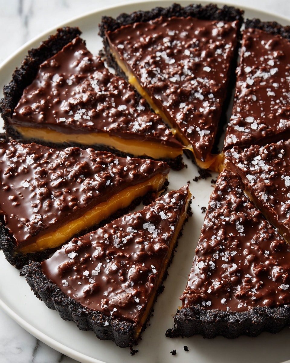 A tart is shown sliced into six pieces on a white plate, revealing three visible layers. The bottom layer is a dark, crumbly crust with rough edges, almost black in color. The middle layer is a thick, glossy, golden caramel with a smooth texture, slightly oozing out where slices are cut. The top layer is a thick, uneven chocolate coating studded with small crunchy bits, giving it a bumpy texture, and is sprinkled with coarse sea salt flakes scattered across the surface. The background is a white marbled texture. photo taken with an iphone --ar 4:5 --v 7
