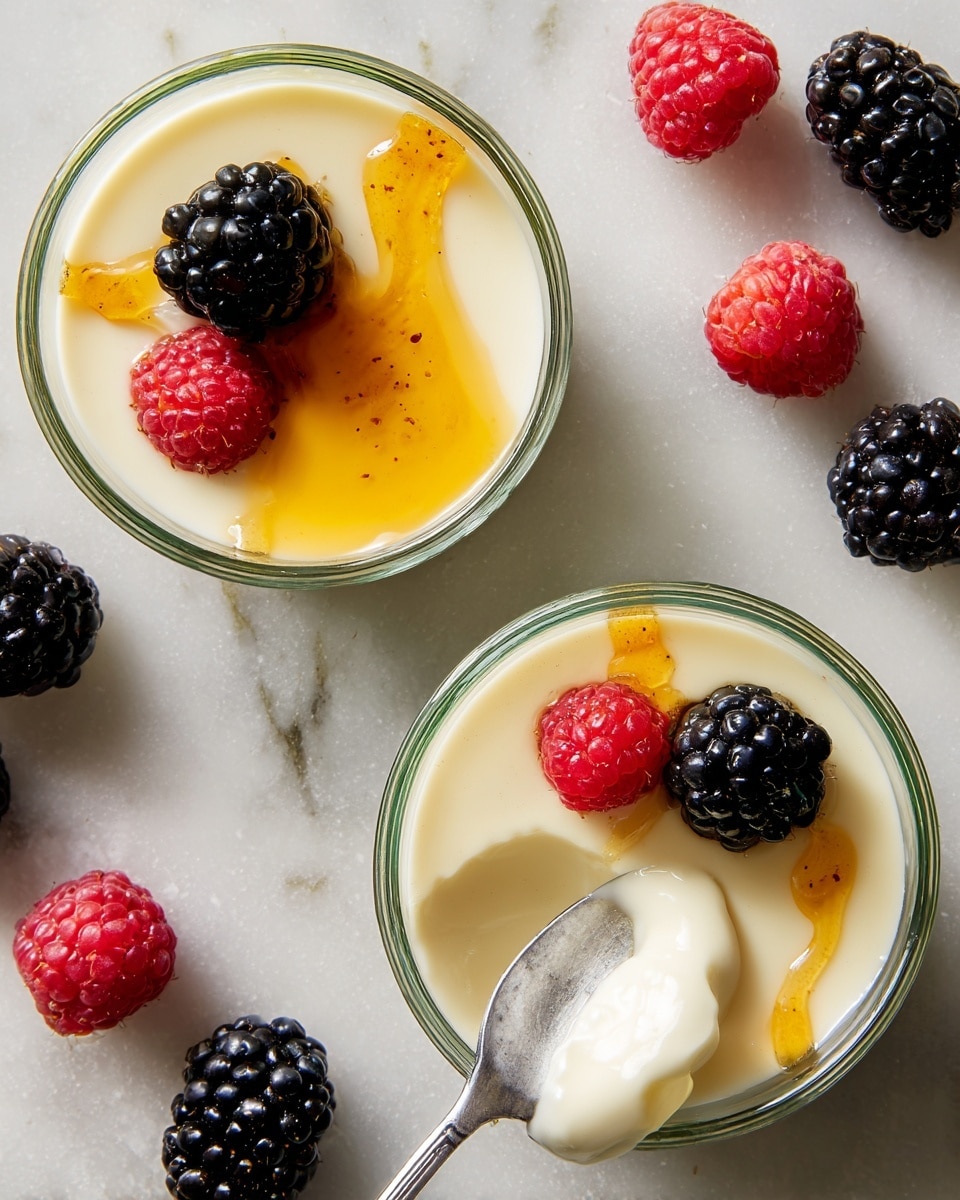 Two clear glass bowls of creamy white panna cotta are shown on a white marbled surface, each topped with a golden honey drizzle and fresh berries. One bowl has a single blackberry in the center, the other has a raspberry and a blackberry near the center. A silver spoon rests inside the panna cotta of one bowl with a scoop taken out, revealing the smooth, thick texture underneath. Scattered raspberries and blackberries lay around the bowls on the surface. Photo taken with an iphone --ar 4:5 --v 7