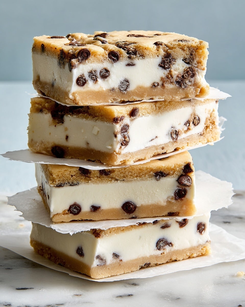 A stack of four square ice cream sandwiches is shown on a white marbled surface with a light blue tone and a plain gray background. Each sandwich has three layers: the top and bottom layers are golden brown cookie dough embedded with dark chocolate chips, giving a slightly grainy texture; the middle layer is thick, creamy white ice cream with a smooth texture. The sandwiches are stacked unevenly, with the top one slightly tilted. They rest on a piece of white parchment paper. The photo taken with an iphone --ar 4:5 --v 7