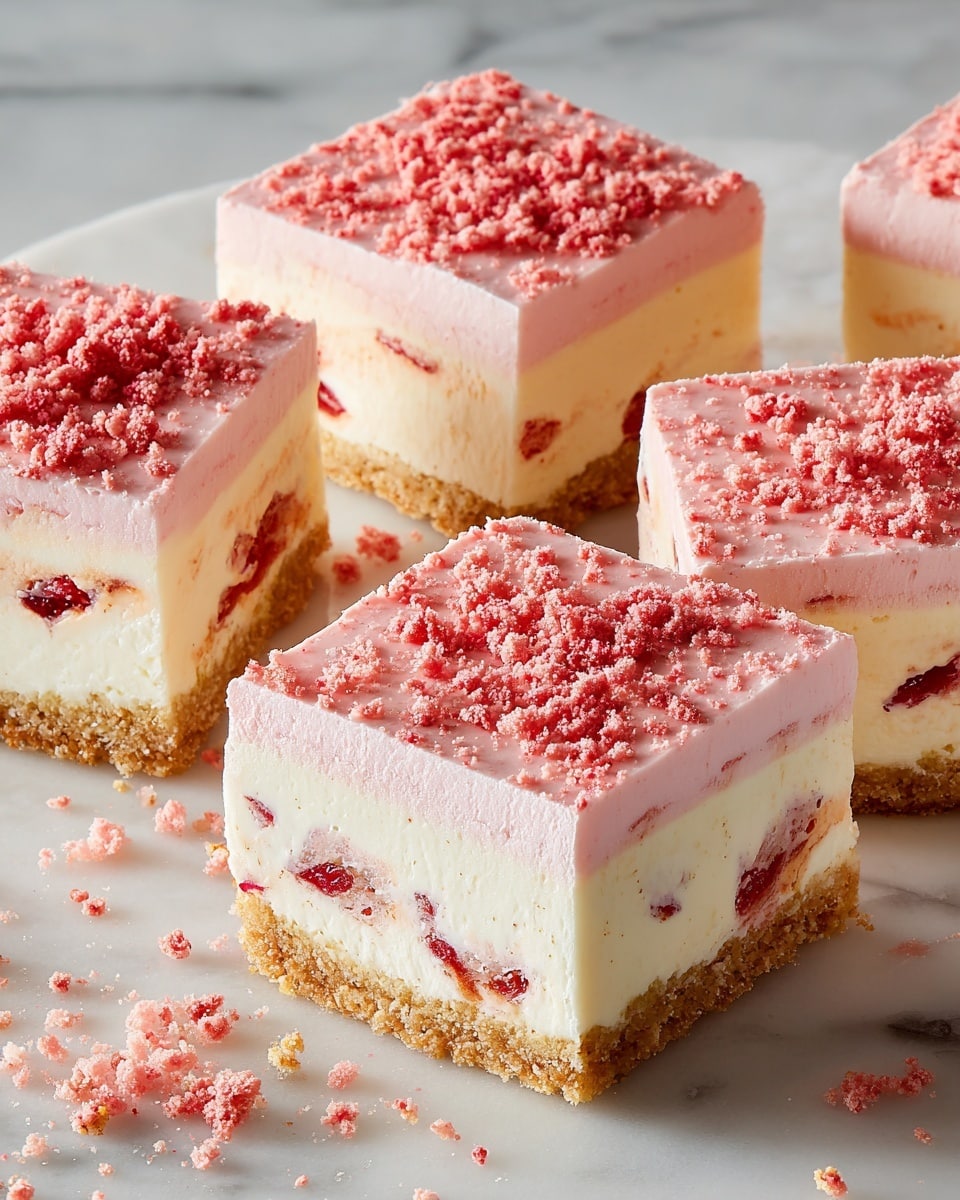 This image shows five pieces of a layered dessert with a rectangular shape, placed on a white marbled surface. Each piece has three visible layers: the bottom layer is a light beige crumbly crust, the middle layer is a thick off-white creamy filling, and the top layer is a pale pink creamy layer with small red fruit pieces mixed in. The dessert is finished with a crumbly pink topping evenly spread on top. Some crumbs are scattered around the pieces, adding texture to the scene. Photo taken with an iphone --ar 4:5 --v 7