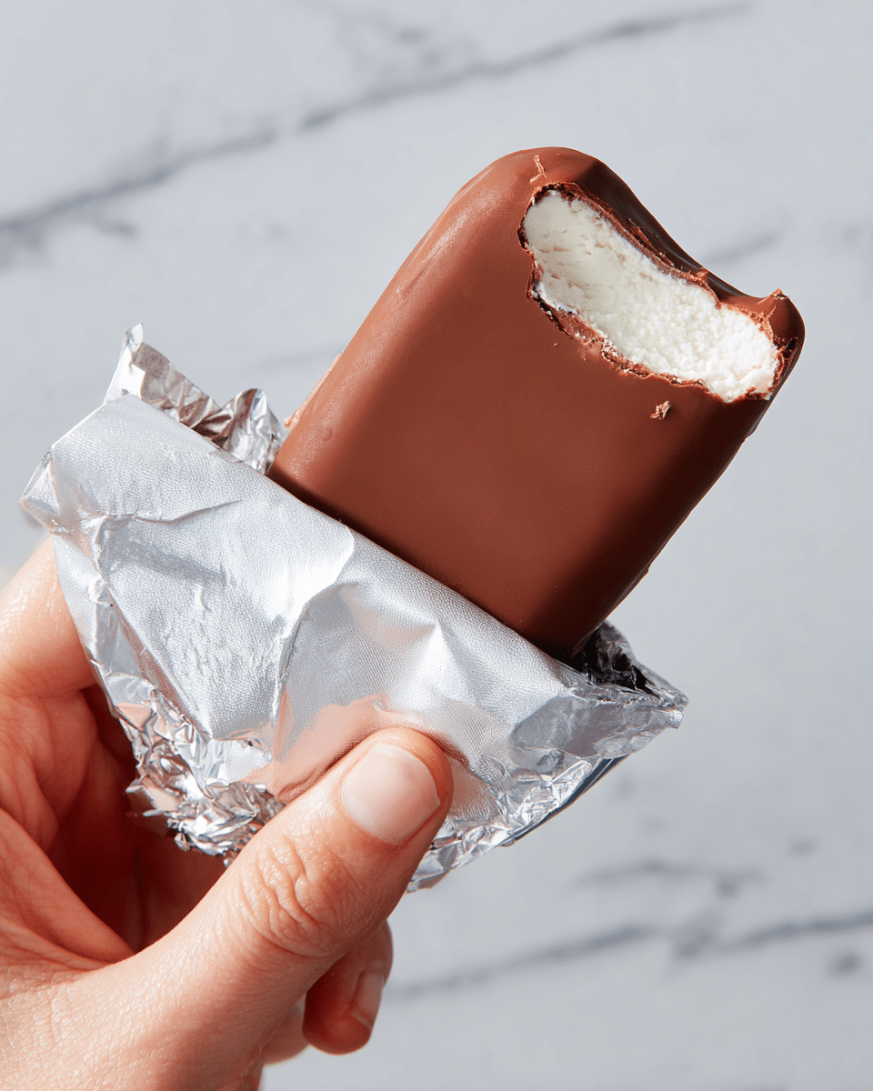A partially unwrapped chocolate-covered ice cream bar is shown with a bite taken from the top left edge, revealing a thick and smooth white ice cream layer inside, while the outer chocolate layer is a rich medium brown with a slightly glossy texture. The bar is held by a woman's hand gripping the bottom corner wrapped in crinkled white and silver foil, set against a white marbled background. Photo taken with an iphone --ar 4:5 --v 7