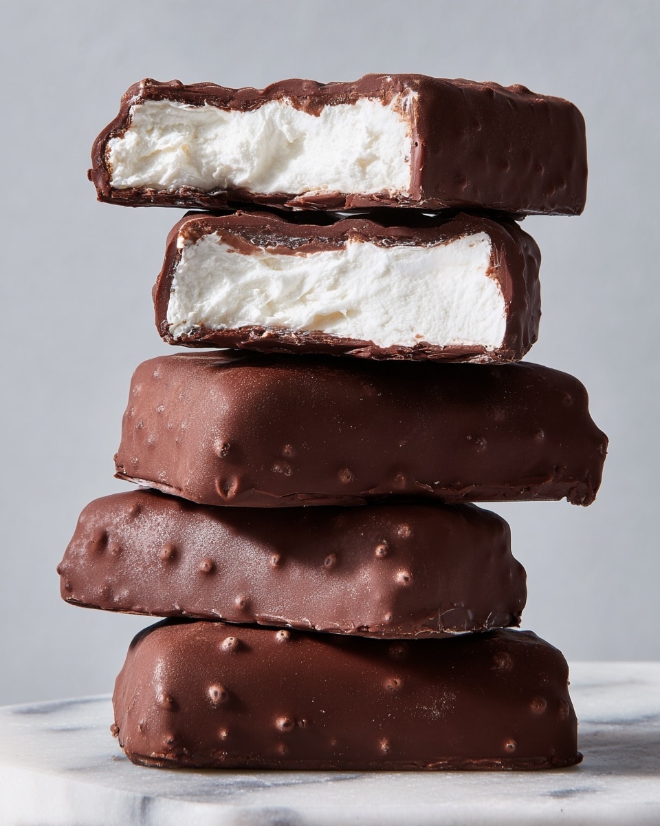 A stack of five rectangular chocolate-covered candy bars stands on a white marbled surface. The bars have a rough chocolate coating with small bumps and a matte finish. The top bar is bitten, showing a thick, fluffy white cream inside, contrasting with the rich brown chocolate exterior. The bars are neatly piled, one directly on top of the other, creating a tall, sturdy stack against a simple light gray background. photo taken with an iphone --ar 4:5 --v 7