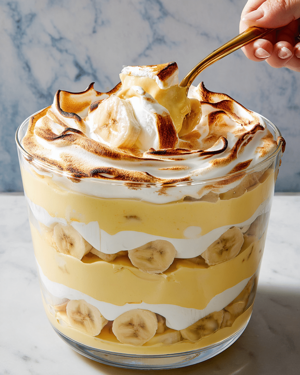 This dessert is in a clear glass bowl showing five thick layers that alternate between creamy pale yellow custard and smooth white whipped cream. Between the creamy layers are round slices of bananas, visible through the glass with a soft, ripe texture that blends with the light yellow custard. The top layer is white whipped cream with a toasted golden brown, slightly uneven meringue surface. A woman's hand is holding a gold spoon scooping into the dessert, with the spoon covered in the creamy mix and banana slices. The background is a white marbled texture. Photo taken with an iphone --ar 4:5 --v 7