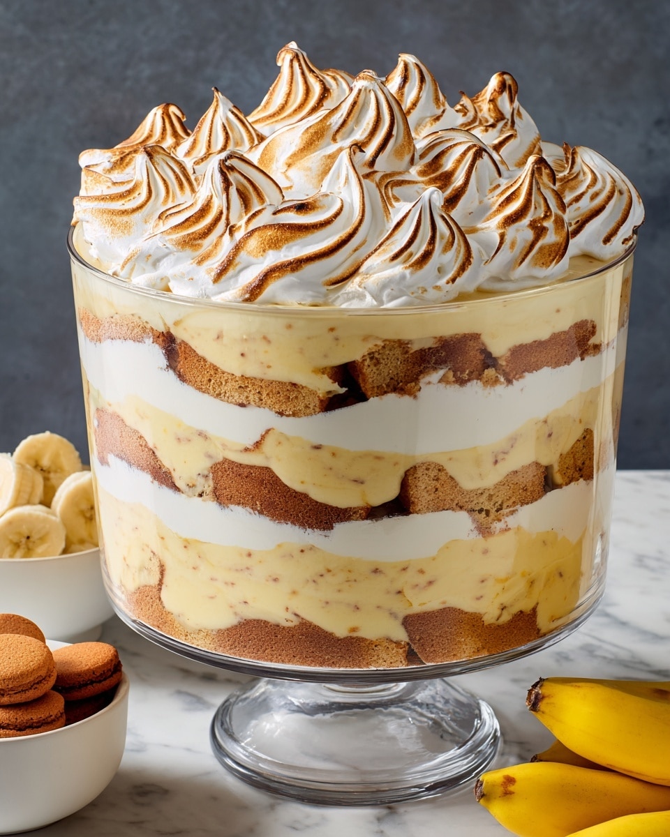 A tall glass trifle dish is filled with eight visible layers, starting with a light brown crumbly layer at the bottom, followed by a creamy white layer, then a pale yellow creamy layer with visible specks, repeated several times until reaching the top. The dessert is crowned with thick swirls of toasted white meringue with golden brown peaks and edges. The glass dish sits on a white marbled surface, with a white bowl of round, brown cookies on the left and two yellow bananas on the right. Photo taken with an iphone --ar 4:5 --v 7