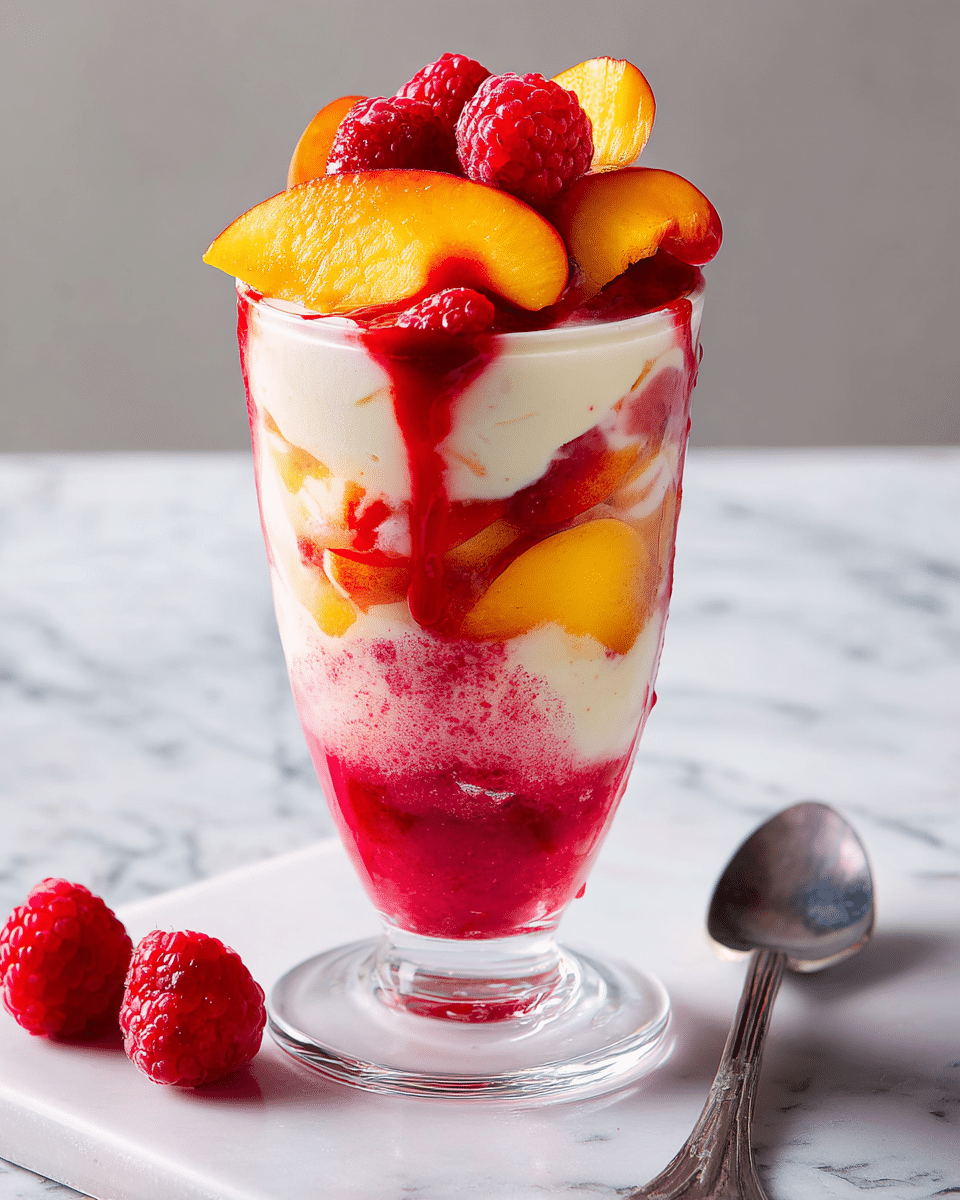 A tall glass holds a layered dessert with three main layers: the bottom layer is bright red with a smooth texture, the middle layer is creamy white, and the top layer is a mix of creamy white and yellow peach slices, with fresh red raspberries scattered on top and peach slices around the sides of the glass. The fruits are fresh and glistening, partly covered with red sauce that drips down the edges. The glass sits on a white marbled surface, with two raspberries placed near its base and a silver spoon lying to the right. Photo taken with an iphone --ar 4:5 --v 7