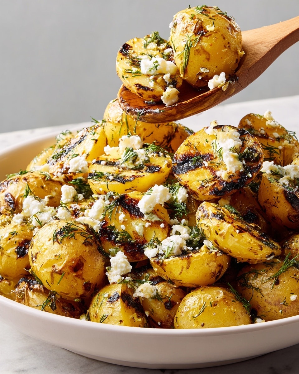 A white plate holds about ten thick slices of grilled yellow potatoes, each with clear dark grill marks across their surface, giving a slightly charred look. The potatoes have a soft texture visible along the cut edges. Scattered on top are small chunks of white cheese, crumbled unevenly, adding a crumbly texture and creamy contrast. Fresh green dill sprigs are placed lightly over the potatoes, adding a bright touch of green and freshness. A silver fork rests on the plate, partly under a potato slice. The background is a clean white marbled texture. Photo taken with an iphone --ar 4:5 --v 7