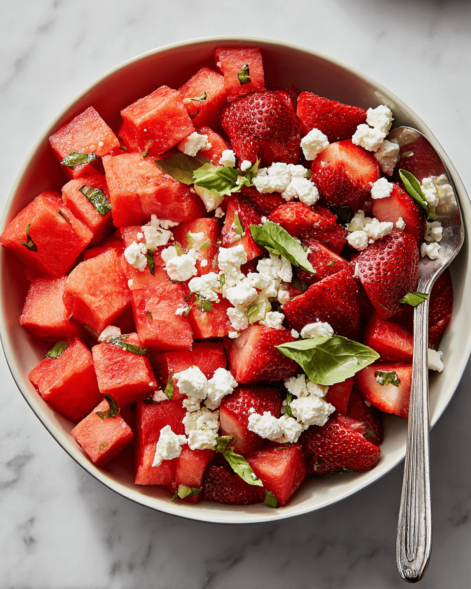 A round white bowl filled with three main layers: the bottom layer is a mix of cube-shaped bright red watermelon pieces with a juicy texture, the middle layer consists of halved and quartered strawberries showing their fresh, deep red flesh, and the top layer is dotted with crumbled white feta cheese and small bright green basil leaves. A silver spoon rests on the right side of the bowl, and the bowl is placed on a white marbled surface. Photo taken with an iphone --ar 4:5 --v 7