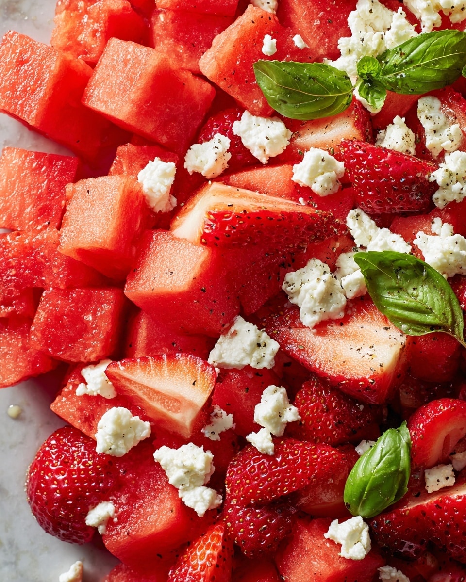A close-up view of a fresh fruit salad with three layers: the base layer consists of bright red watermelon cubes with a juicy texture, the middle layer has sliced strawberries showing their red outer skin and lighter red inside with tiny seeds, and the top layer is scattered with small white crumbled cheese pieces and fresh green basil leaves for contrast. The whole dish has a light sprinkle of black pepper visible on the cheese and fruit, all set on a white marbled textured surface. photo taken with an iphone --ar 4:5 --v 7