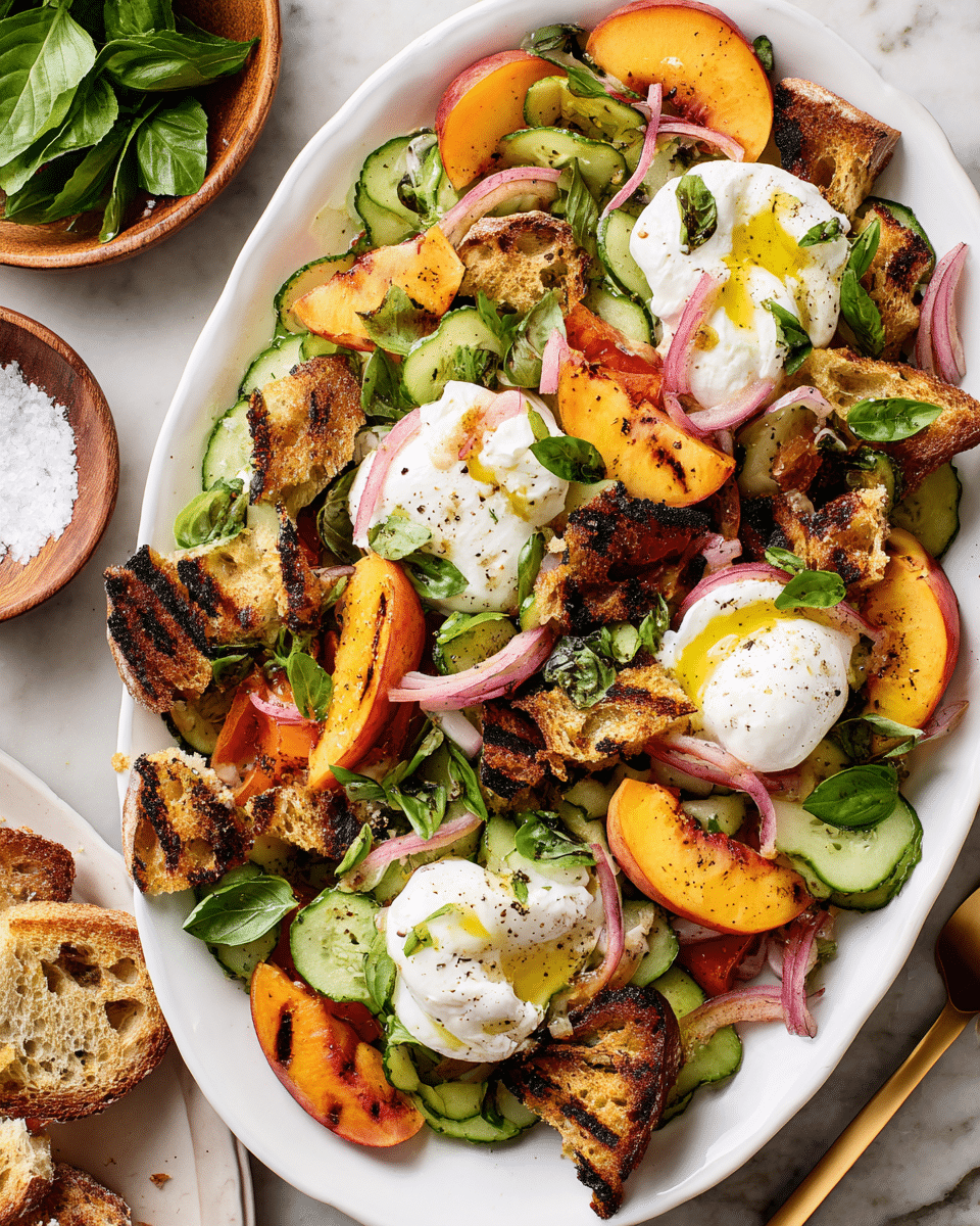 A white oval dish filled with a colorful salad featuring several layers: at the base, there are irregular pieces of toasted bread with dark grill marks, scattered with half-moon slices of bright orange grilled peaches also marked with charred lines. Mixed among these are uneven slices of fresh green cucumber and thin rings of purple-red onion. On top sit several large dollops of soft, white cheese, drizzled with golden olive oil and sprinkled with black pepper. Fresh green basil leaves are spread throughout, adding a touch of vibrant green. The dish is placed on a white marbled surface with a small bowl of coarse salt and a wooden bowl of green basil leaves near the top left corner. photo taken with an iphone --ar 4:5 --v 7