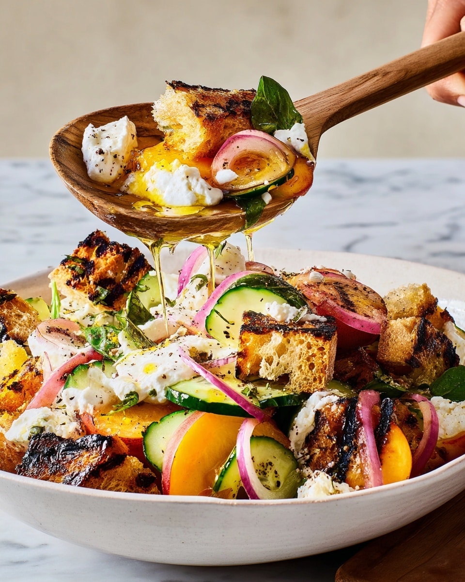 This dish is a colorful grilled salad served in a white bowl on a white marbled surface. The salad has several layers starting with a base of grilled peaches that show dark grill marks, adding a slightly charred orange layer. On top, there are pieces of crispy toasted bread with charred edges, adding rough brown texture and depth. Scattered throughout are fresh cucumber slices with a smooth green surface and red onion rings that add a pop of purple color and slight transparency. Dollops of creamy white cheese are spread around, some with a drizzle of golden olive oil and a sprinkle of black pepper. A woman's hand holds a wooden spoon above the bowl, lifting a spoonful of the mixed salad that includes a cluster of all these layers, with some olive oil dripping from the spoon. photo taken with an iphone --ar 4:5 --v 7
