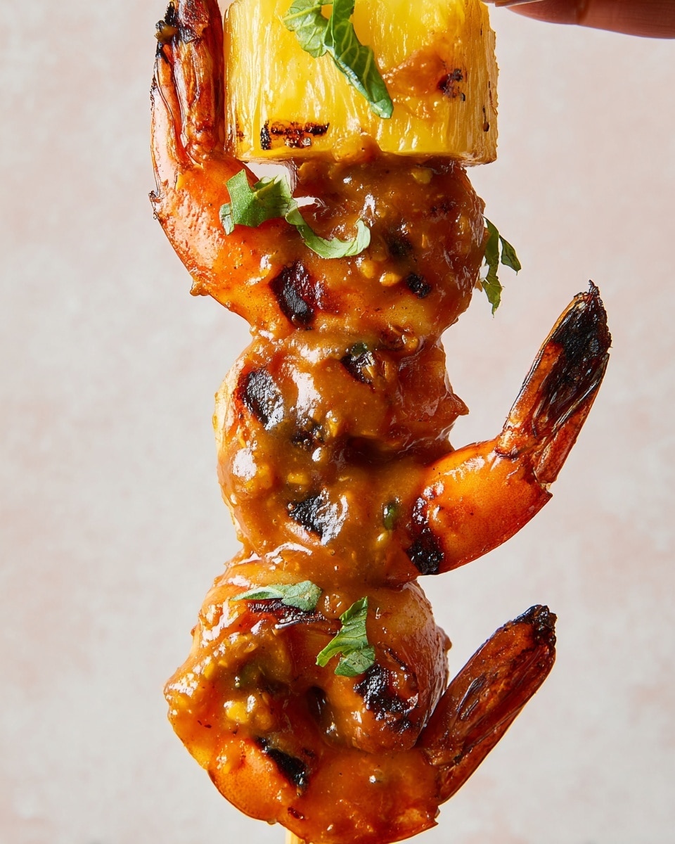 The image shows a close-up of a skewer with three main layers, each covered in a thick, glossy orange-brown sauce. The top and bottom layers are large cooked shrimp, orange with slight char marks and garnished with green herb leaves. Between the shrimp is a grilled yellow pineapple cube with dark grill lines and a small green herb on top. The skewer is held upright by a woman's hand, against a light, soft background. The overall look is juicy and vibrant. photo taken with an iphone --ar 4:5 --v 7