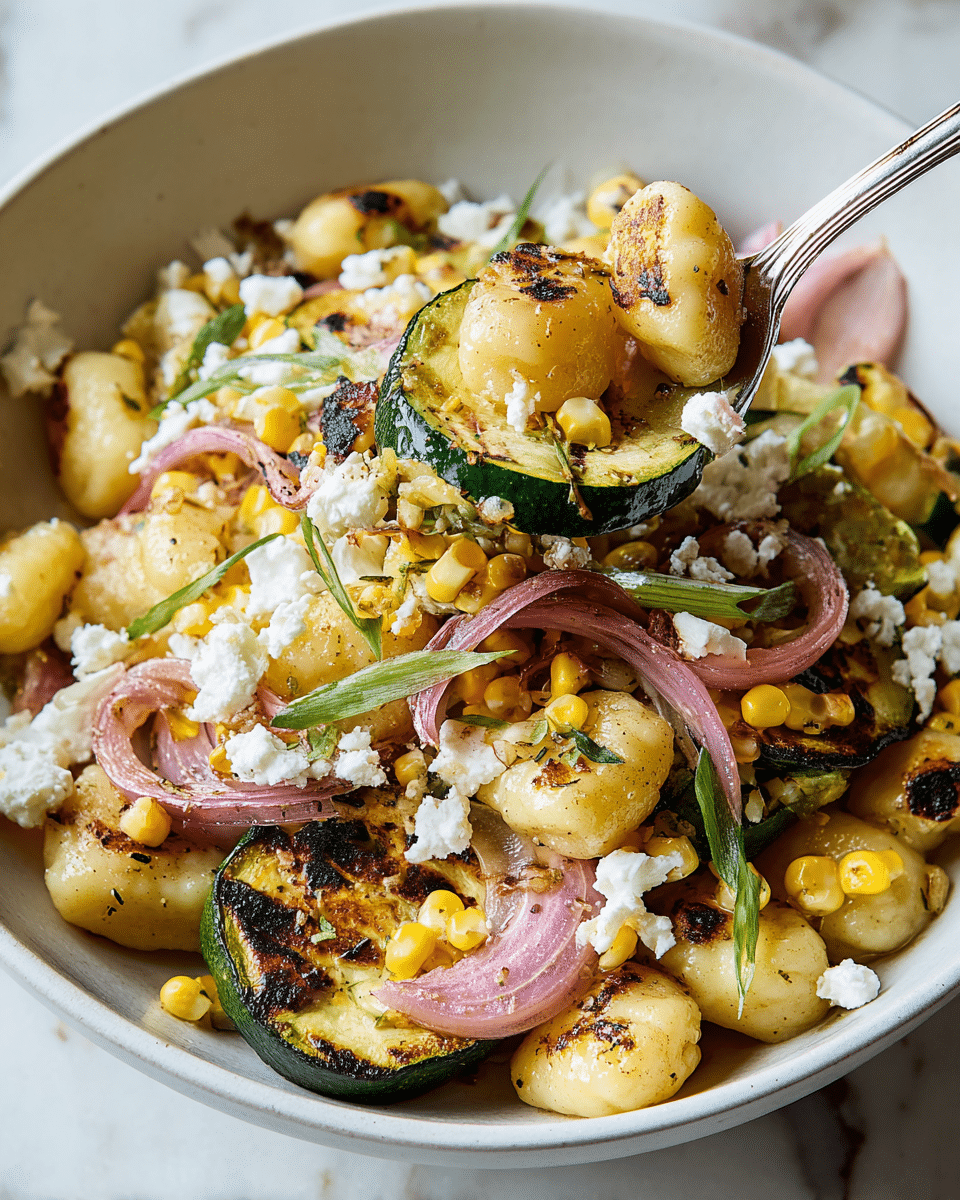 A close-up view shows a dish in a white bowl filled with three main layers: the bottom layer includes small golden gnocchi with light char marks scattered throughout; the middle layer has grilled vegetables like thick slices of zucchini with dark grill spots and pieces of red onion; the top layer is sprinkled with bright yellow corn kernels, crumbled white cheese, and thinly sliced green onions. A silver spoon lifting some gnocchi and zucchini from the bowl is visible, with the whole scene set on a white marbled surface. photo taken with an iphone --ar 4:5 --v 7