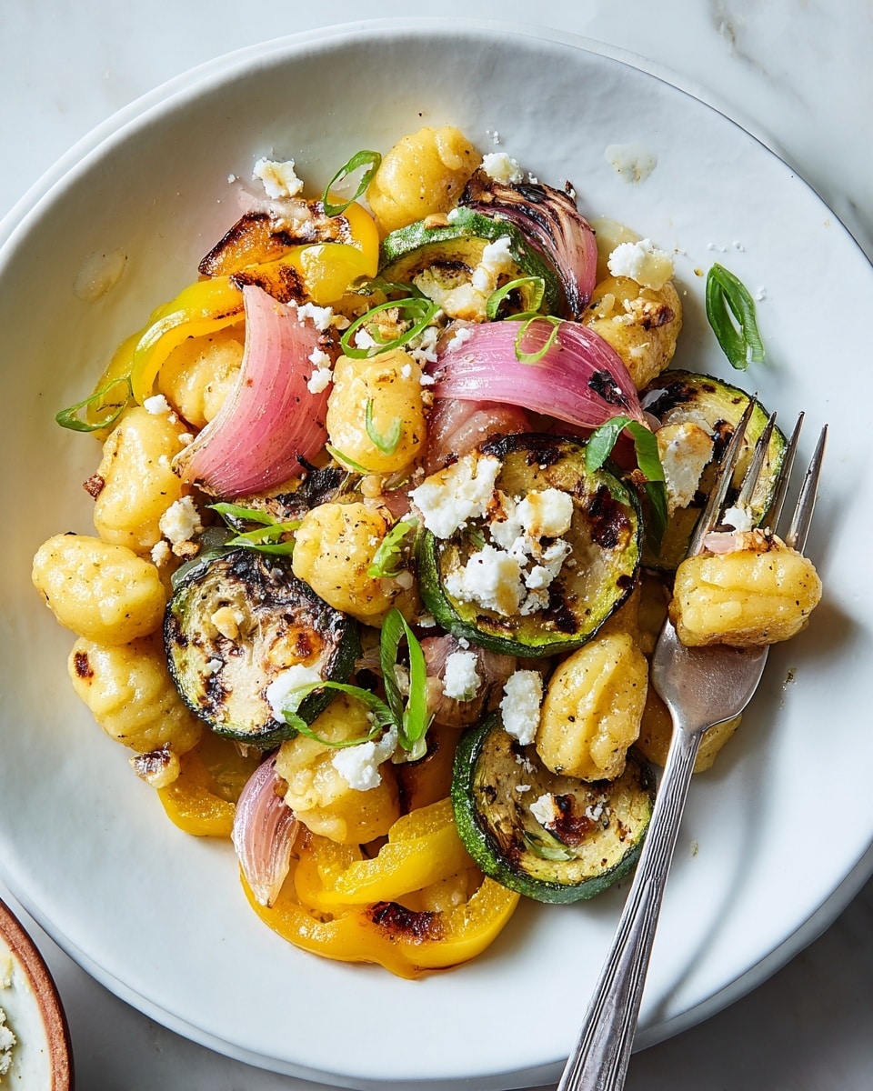 A white plate holds a colorful dish with about three layers: the bottom layer has yellow slices of grilled bell pepper and red cooked onion pieces, the middle layer is filled with grilled zucchini rounds showing dark char marks and light green edges, and the top layer has golden grilled gnocchi with small bits of yellow corn scattered throughout. White crumbles of cheese and thin green onion slices are sprinkled over the dish. A silver fork on the right side of the plate holds one piece of gnocchi. The dish sits on a white marbled surface. photo taken with an iphone --ar 4:5 --v 7