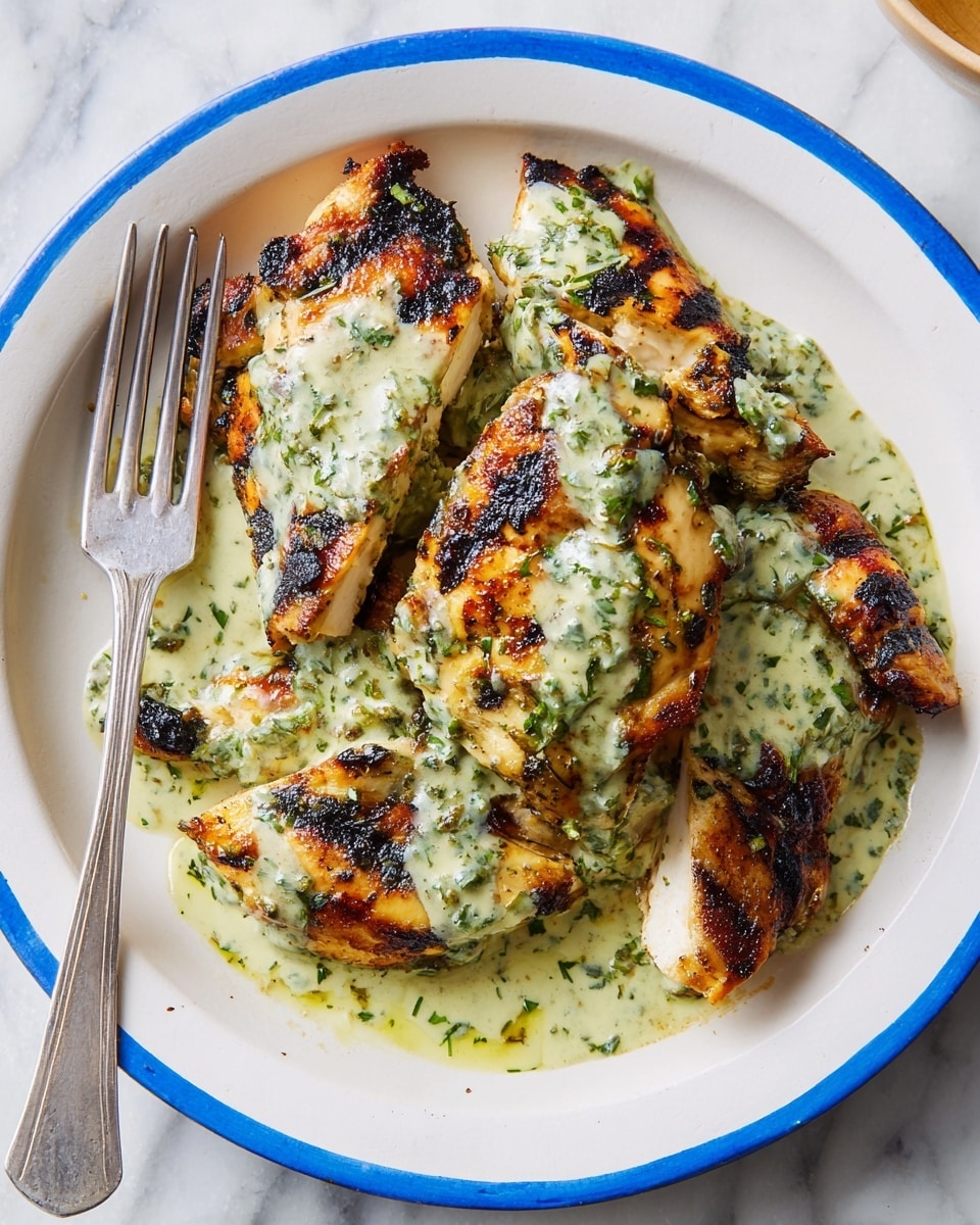 The image shows a white plate with a blue rim holding several pieces of grilled chicken that have dark char marks and a golden-brown color. The chicken is covered with a creamy, light green sauce that has visible small green herb pieces, spread unevenly on the top and sides of the chicken. A silver fork rests on the left side of the plate. The plate is set on a white marbled surface. Photo taken with an iphone --ar 4:5 --v 7
