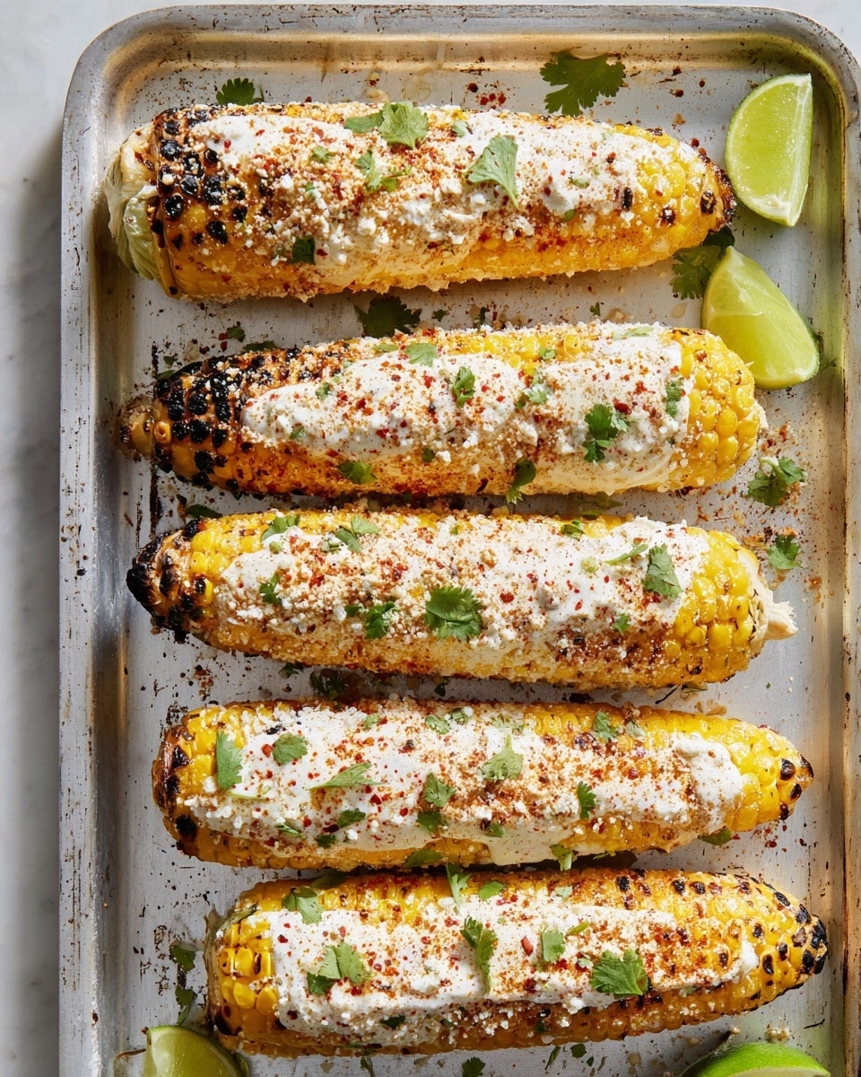 The image shows five grilled corn on the cob placed side by side on a slightly worn metal baking tray, all resting on a white marbled surface. Each corn has a bright yellow base with charred black spots from grilling, covered in a creamy white sauce spread unevenly. The corn is sprinkled with coarse white cheese and red chili powder, adding texture and color contrast. Small green cilantro leaves are scattered on top and around the corn. Two lime wedges, one partially visible, sit on the top right corner of the tray, adding a fresh green color to the scene. Photo taken with an iphone --ar 4:5 --v 7