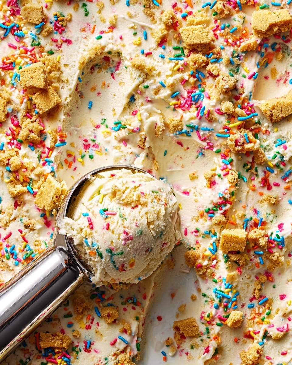 A close-up view of creamy vanilla ice cream mixed with colorful sprinkles and crushed cookie pieces spread flat on a white marbled surface. The ice cream is light cream in color with bits of red, pink, and blue from the sprinkles inside, along with chunks of golden cookie crumbs scattered throughout. A shiny metallic scoop holds a rounded dollop of the ice cream that shows a dense mix of all the ingredients. The texture looks smooth with scattered crunchy bits and vibrant sprinkles adding bright pops of red, blue, green, yellow, orange, white, and pink all over the surface. Photo taken with an iphone --ar 4:5 --v 7