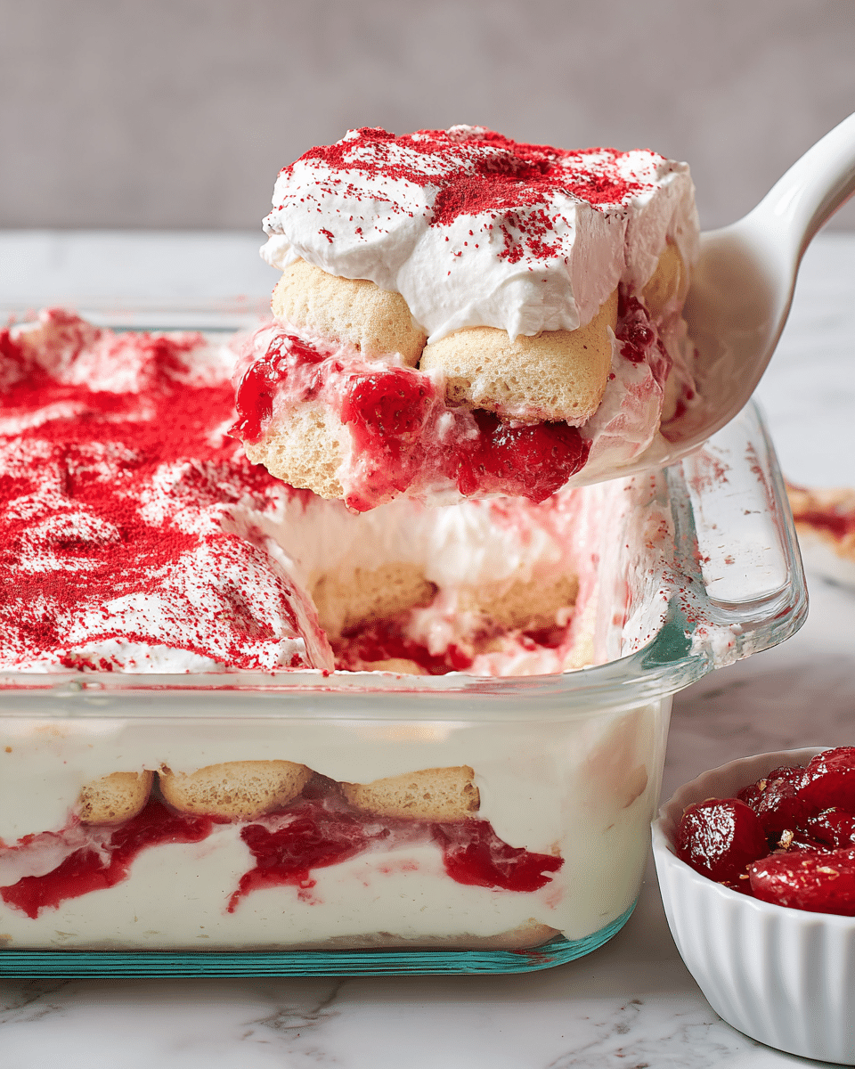 A close-up of a three-layer dessert served in a clear glass dish on a white marbled surface, showing soft ladyfinger cookies soaked and lined at the bottom, covered with a thick smooth white creamy layer in the middle, then a bright red strawberry sauce layer with visible berry pieces, topped with a fluffy white whipped cream layer dusted generously with bright red powder on top. A white spatula lifts a portion, revealing all the soft layers and soaked cookies inside, with a white bowl holding red dried fruit pieces nearby. Photo taken with an iphone --ar 4:5 --v 7