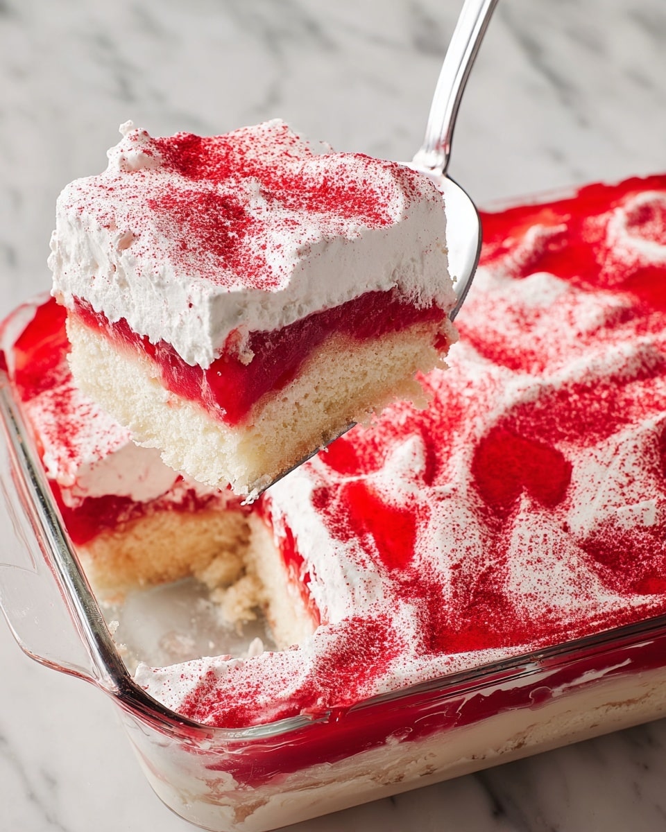 A glass rectangular dish filled with a dessert that has three visible layers: the bottom layer is a light-colored cake soaked with a red syrup, the middle layer is a bright red jelly or jam, and the top layer is thick white whipped cream dusted generously with red powder. A white spatula lifts a square piece of the dessert, showing the distinct tripartite layers clearly. The dish is set on a white marbled surface. photo taken with an iphone --ar 4:5 --v 7
