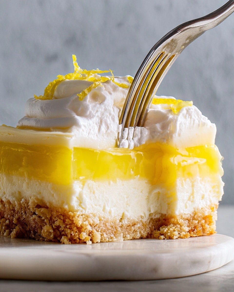 A slice of lemon cheesecake is shown with four clear layers: a thick crumbly golden brown base at the bottom, a creamy white cheesecake layer above it, a bright yellow lemon gelatin layer next, and a fluffy white topping with lemon zest sprinkled on top. A silver fork is cutting into the slice from the top right, pressing softly into the creamy and gelatin layers. The slice sits on a white marbled surface with a soft grey background. photo taken with an iphone --ar 4:5 --v 7