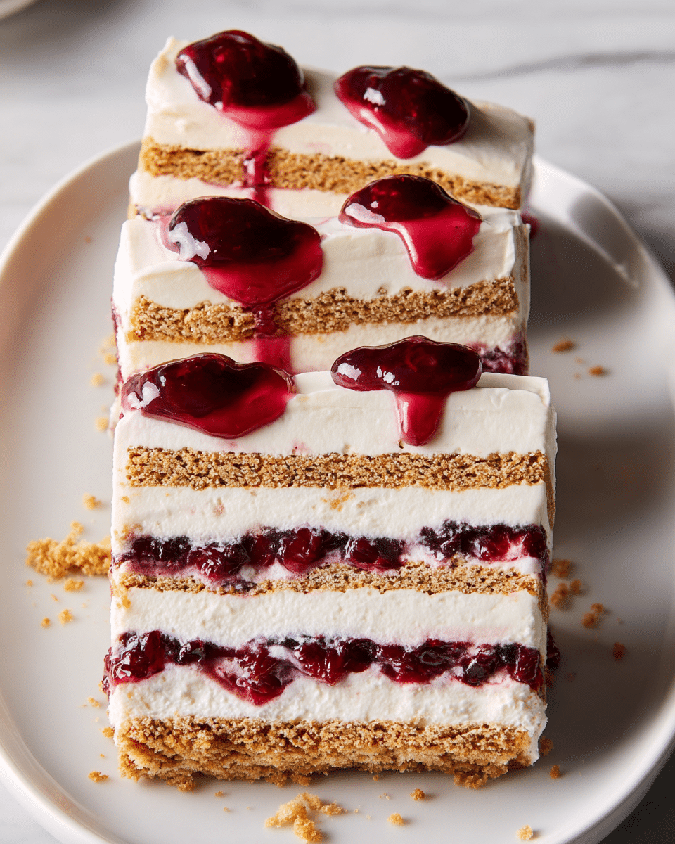 Two triangular slices of layered dessert are placed on a white plate set on a white marbled surface. Each slice has alternating layers, starting from the bottom with a light brown crumbly biscuit layer, followed by a thick white creamy layer, then a dark red fruit jam layer with visible chunks, another creamy white layer, and topped with a light brown biscuit layer. Dollops of glossy dark red fruit jam are placed on top of the slices, some dripping slightly down the sides. Crumbs are scattered lightly around the plate edges. Photo taken with an iphone --ar 4:5 --v 7