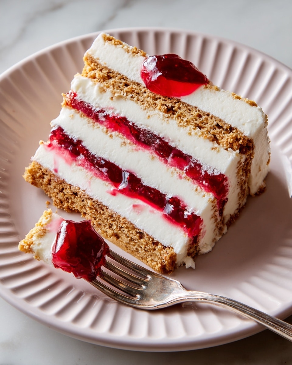 A slice of multi-layered dessert is placed on a white plate with a ridged edge. The dessert has four layers of light brown crumbly biscuit, alternating with three thick layers of smooth white cream and two vivid red jelly layers. On top of the slice, there is a small dollop of glossy red fruit topping. A silver fork holds a small piece of the dessert, showing the same colors and textures. The setting is on a white marbled surface. photo taken with an iphone --ar 4:5 --v 7