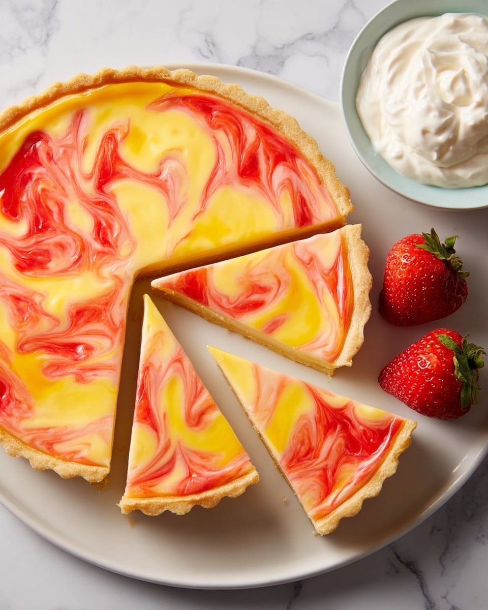 A white round plate holds a tart cut into five slices with three slices slightly pulled away from the main tart. The tart has a light golden crust with a smooth, shiny filling swirled in bright yellow and red colors creating a marbled effect. To the right of the plate are two red strawberries with green leaves and a white bowl with a soft, fluffy white cream. The whole scene is set against a white marbled texture. photo taken with an iphone --ar 4:5 --v 7