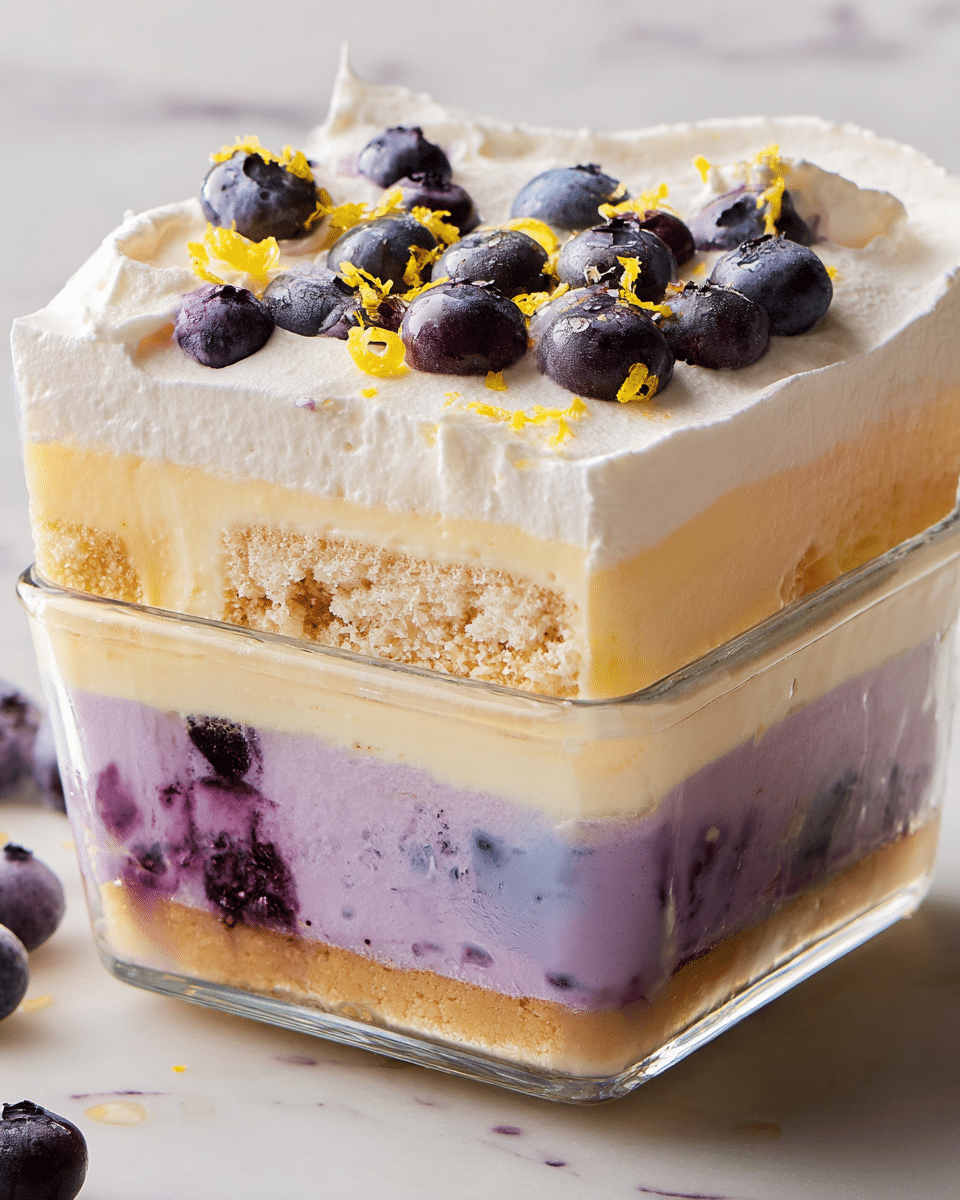 A square-shaped layered dessert in a clear glass dish showing four distinct layers: a bottom thick purple-blue layer with a smooth texture, followed by a light beige crumbly biscuit layer, then a soft creamy pale yellow layer, and on top another purple-blue creamy layer. The dessert is topped with a thick, snowy white whipped cream layer decorated with fresh dark blue blueberries and small yellow zest pieces. The background has a white marbled texture. Photo taken with an iphone --ar 4:5 --v 7