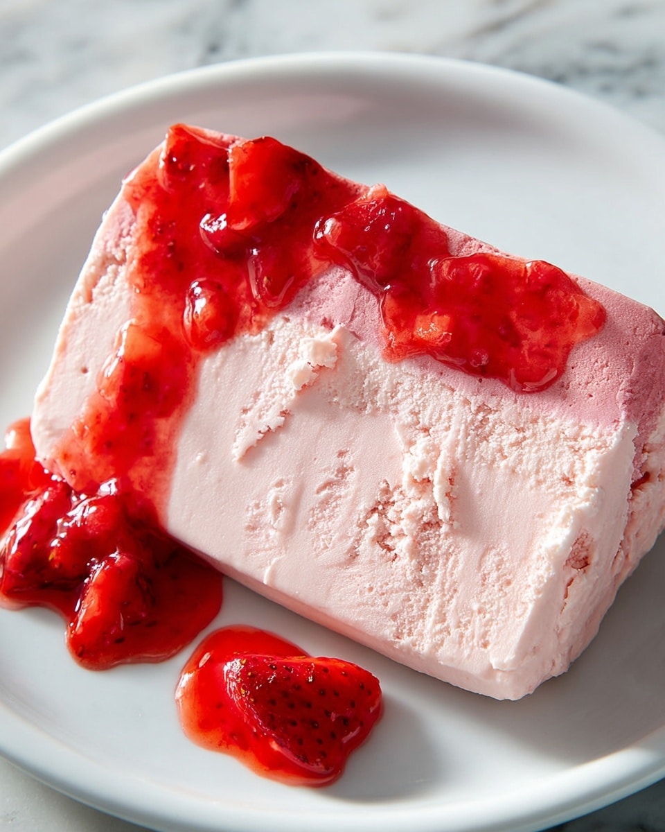 A slice of pink ice cream dessert lies on a white plate with a smooth and slightly creamy texture. The bottom layer is light pink, thick and dense, with some soft, uneven edges. On top, there is a glossy bright red strawberry sauce spread across the top edge of the slice, spilling over on the plate, with visible chunks of strawberry in the sauce. The plate sits on a white marbled surface. Photo taken with an iphone --ar 4:5 --v 7