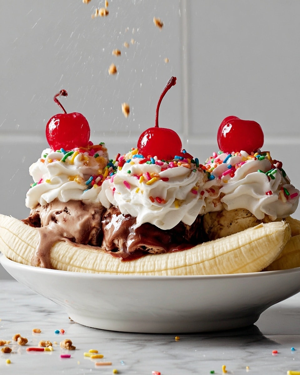 A white bowl holds a banana split dessert with three main layers. The bottom layer is a horizontally sliced yellow banana resting inside the bowl. On top of the banana is chocolate ice cream, dark brown and smooth, partially melting with some chocolate sauce visible. Three thick swirls of white whipped cream sit evenly spaced above the ice cream, each topped with a bright red maraschino cherry with a long stem. Colorful rainbow sprinkles are scattered over the whipped cream and cherries. Some crushed nuts are sprinkled between the ice cream and whipped cream, adding texture. The dessert sits against a white marbled surface and a plain background, with a few sprinkles falling through the air. Photo taken with an iphone --ar 4:5 --v 7