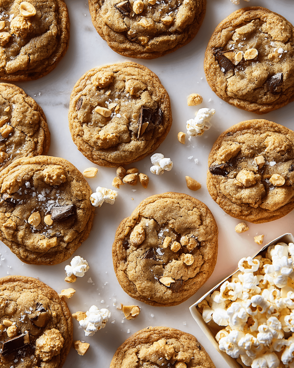 Multiple golden-brown cookies with a slightly rough texture are spread on a white marbled surface. Each cookie has uneven cracks on the top with visible dark chocolate chunks peeking through. Scattered across the cookies are small pieces of light beige popcorn adding a crunchy look, and tiny flakes of white sea salt sprinkle over the surface enhancing the texture contrast. Some popped popcorn kernels and bits of peanuts surround the cookies, creating a casual, inviting scene. A white box filled with more popcorn sits at the bottom right corner, partially visible. photo taken with an iphone --ar 4:5 --v 7