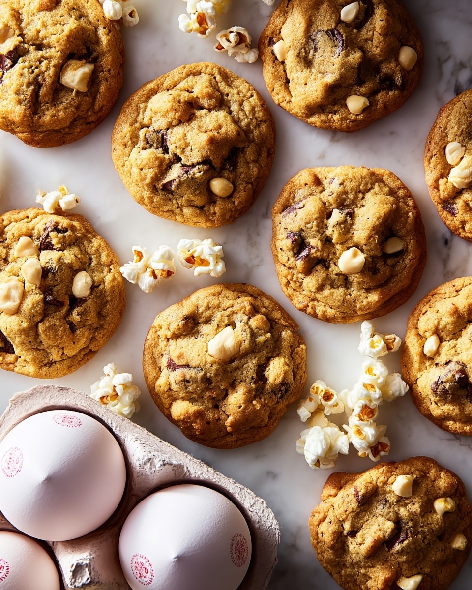 The image shows a group of round, golden-brown cookies spread out on a white marbled surface. Each cookie features a rough textured top with visible dark chunks of chocolate and light-colored nuts embedded in the dough. Scattered popcorn pieces are placed on and around the cookies, adding a unique contrast with their fluffy, irregular shapes and pale yellow color. A white carton holding three white eggs with red stamps is visible in the lower left corner. The light in the image highlights the slightly rough and crumbly texture of the cookies, giving them a warm, fresh-baked look. photo taken with an iphone --ar 4:5 --v 7