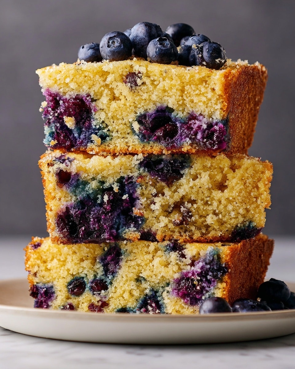 A stack of three thick blueberry cake slices sits on a white plate with a white marbled surface in the background. Each slice shows a golden crumb texture with visible moistness and pockets of dark purple blueberries spread throughout. The top slice features whole blueberries on top, bursting slightly and adding a glossy texture. The middle slice has a few scattered blueberries and a dense, soft crumb. The bottom slice reveals more blueberries near the edges and inside, creating blue-purple spots that contrast with the yellow cake. The stack is slightly uneven, showcasing the soft, crumbly texture of each layer. Photo taken with an iphone --ar 4:5 --v 7