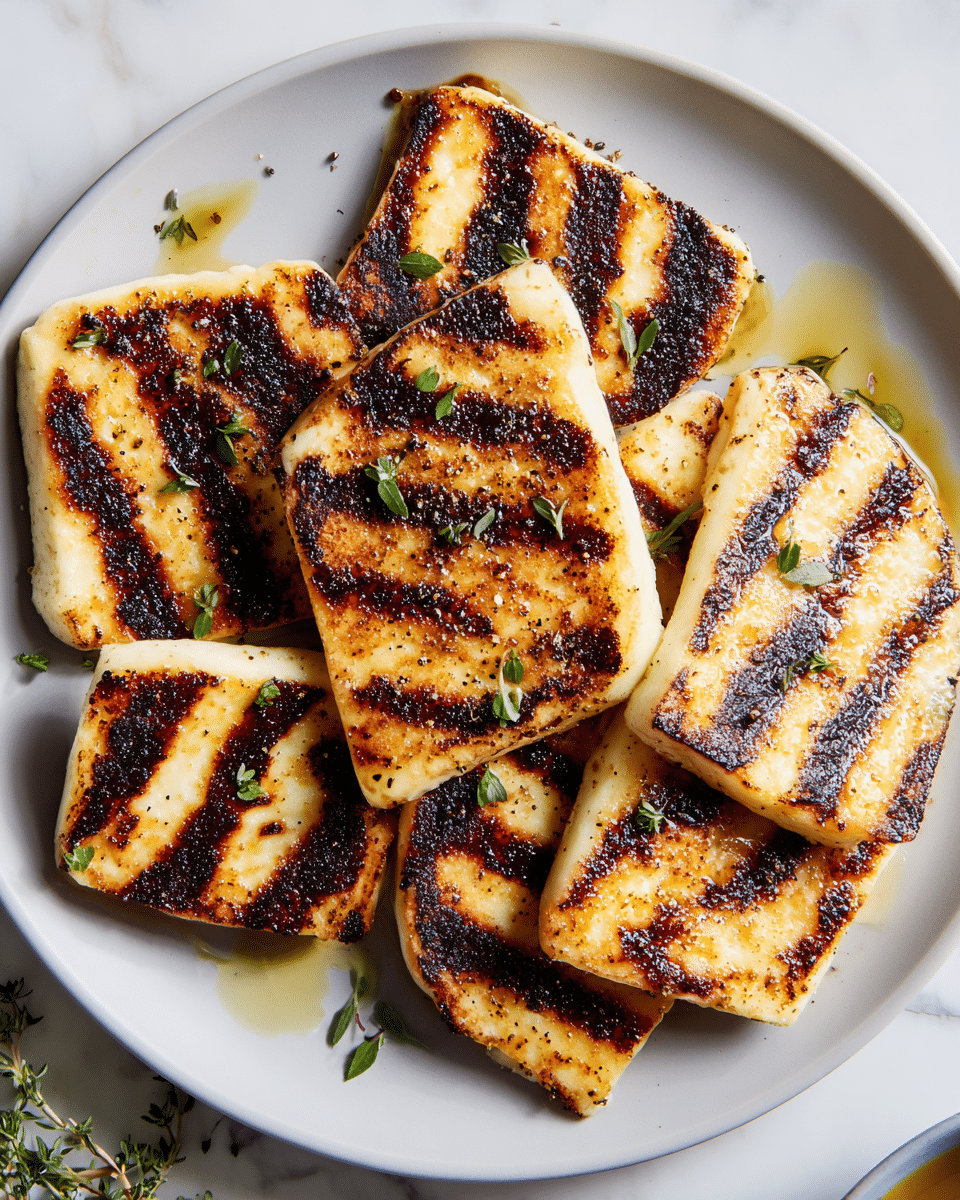 A white plate holds multiple thick, grilled cheese slices with a golden-brown and dark charred surface showing textured grill marks in parallel lines on each piece, arranged slightly overlapping each other. Some fresh green herb leaves are scattered on top along with specks of black pepper and a light drizzle of oil that glistens on the cheese. The plate is placed on a white marbled surface, and a small green herb sprig is partially seen in the corner. photo taken with an iphone --ar 4:5 --v 7