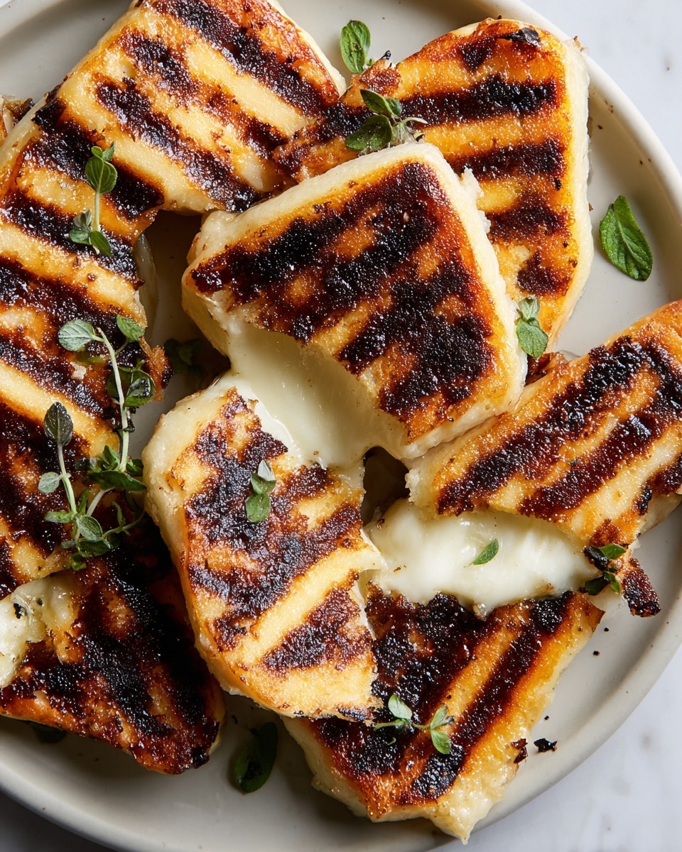 A white plate holds several pieces of grilled cheese; each piece is golden with dark brown grill marks that create three stripes across the surface. The cheese pieces are irregular in shape, with a soft, creamy white inside that is melted and oozing slightly from a broken piece in the front. Small green herb leaves are scattered on top and around the cheese, adding freshness. The white marbled surface under the plate contrasts softly with the rich colors of the grilled cheese and the green herbs. photo taken with an iphone --ar 4:5 --v 7