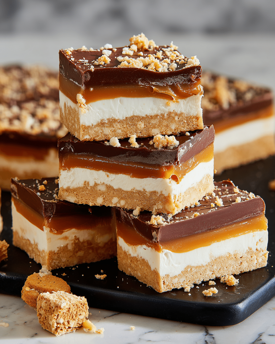 The image shows several thick square dessert bars stacked on a black board with a white marbled surface underneath. Each bar has four layers: the bottom layer is a golden, crumbly biscuit base, the second layer is a smooth caramel with a rich amber color, the third layer is a thick creamy white layer, and the top layer is a glossy, dark chocolate sheet sprinkled with small crushed biscuit bits. The edges of the bars reveal each distinct layer clearly and some crumbs and larger biscuit pieces are scattered on and around the bars. Photo taken with an iphone --ar 4:5 --v 7