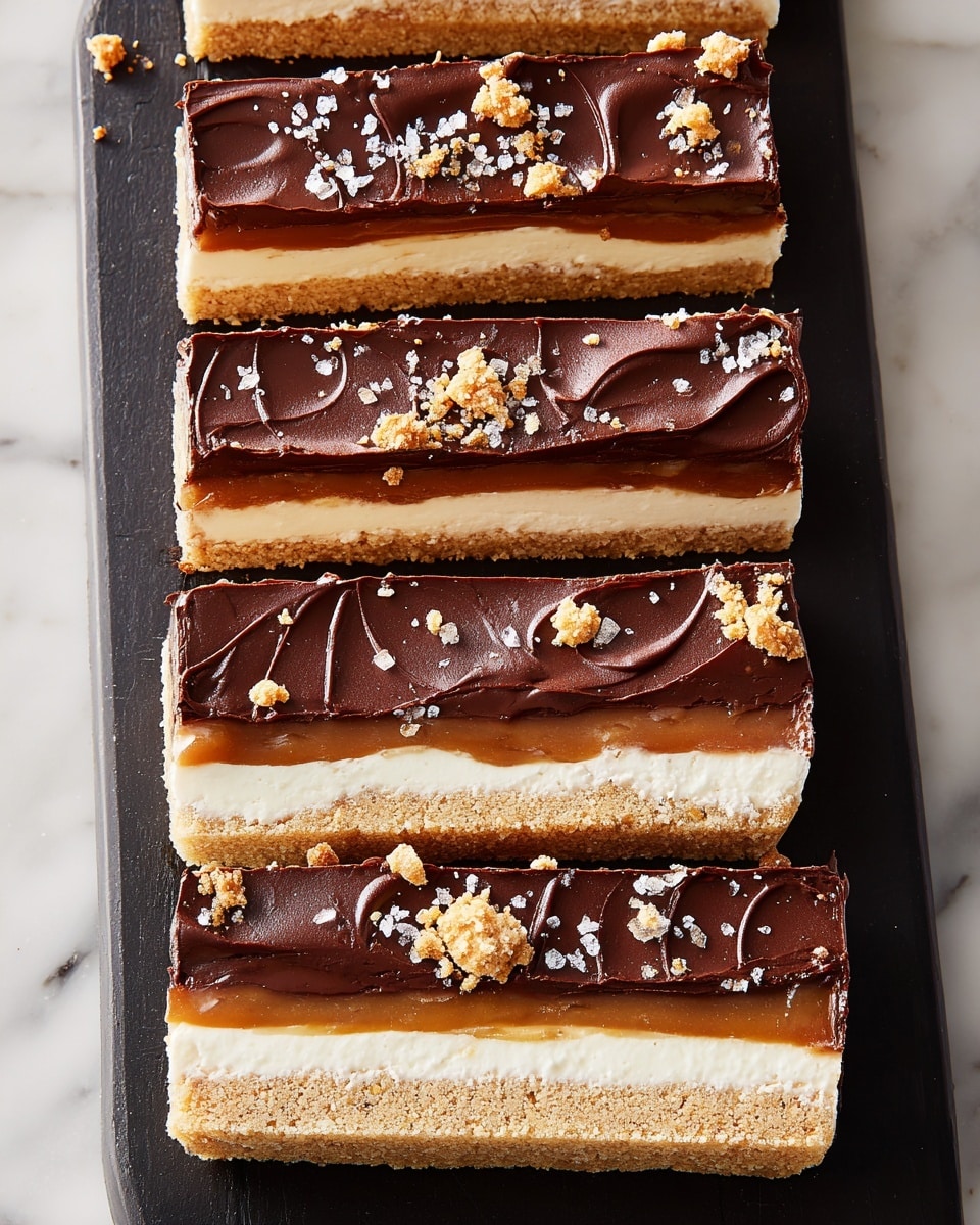 This image shows four dessert bars neatly lined up in a row on a dark rectangular board placed on a white marbled surface. Each bar has four visible layers: a bottom light brown crumbly crust, a thin layer of caramel above it, a thick creamy white middle layer, and a top layer of smooth, dark chocolate spread evenly with slight swirls. The chocolate top is sprinkled with light beige cookie crumbs and small flakes of sea salt. The bars are cut into long rectangular shapes with clean edges. photo taken with an iphone --ar 4:5 --v 7