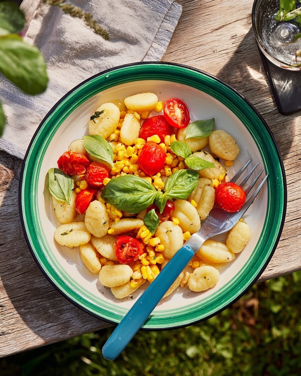 A meal on a white plate with a green rim shows about three layers: the first layer is light yellow gnocchi pieces that are oval and soft-looking, scattered around the plate. The second layer has bright yellow chopped corn pieces and whole shiny red cherry tomatoes mixed evenly with the gnocchi. The top layer includes several fresh green basil leaves placed on and around the other ingredients, adding a fresh touch. A blue spork rests on the right side of the plate, holding a tipped cherry tomato and corn piece. The plate is placed on a wooden picnic table with some greenery in the background, all on a white marbled surface. photo taken with an iphone --ar 4:5 --v 7