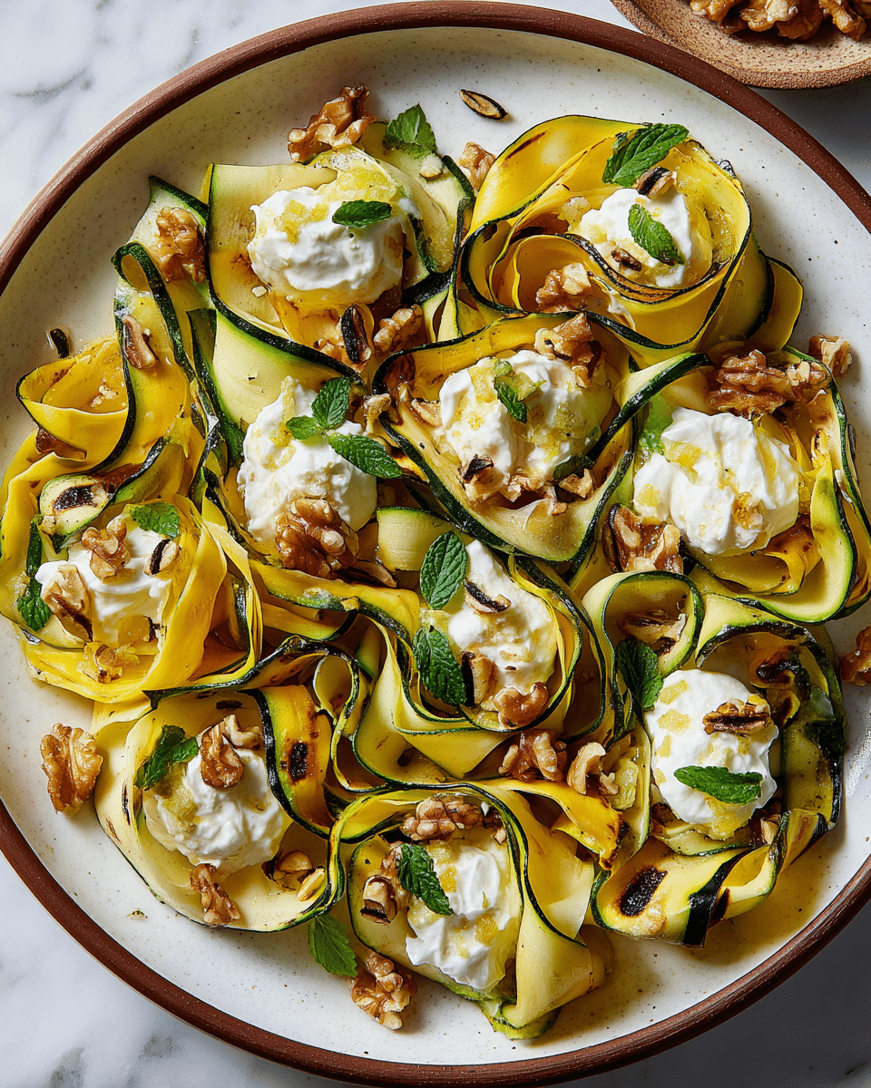 Thin, curled ribbons of grilled yellow and green zucchini are spread over a white plate with a brown rim, layered closely and showing char marks. Small dollops of creamy white cheese are placed evenly on top, each garnished with tiny green mint leaves and a sprinkle of light brown seeds. Scattered walnuts add a rough texture and warm brown tone, with small flecks of yellow lemon zest adding brightness. The background is a white marbled surface. Photo taken with an iphone --ar 4:5 --v 7