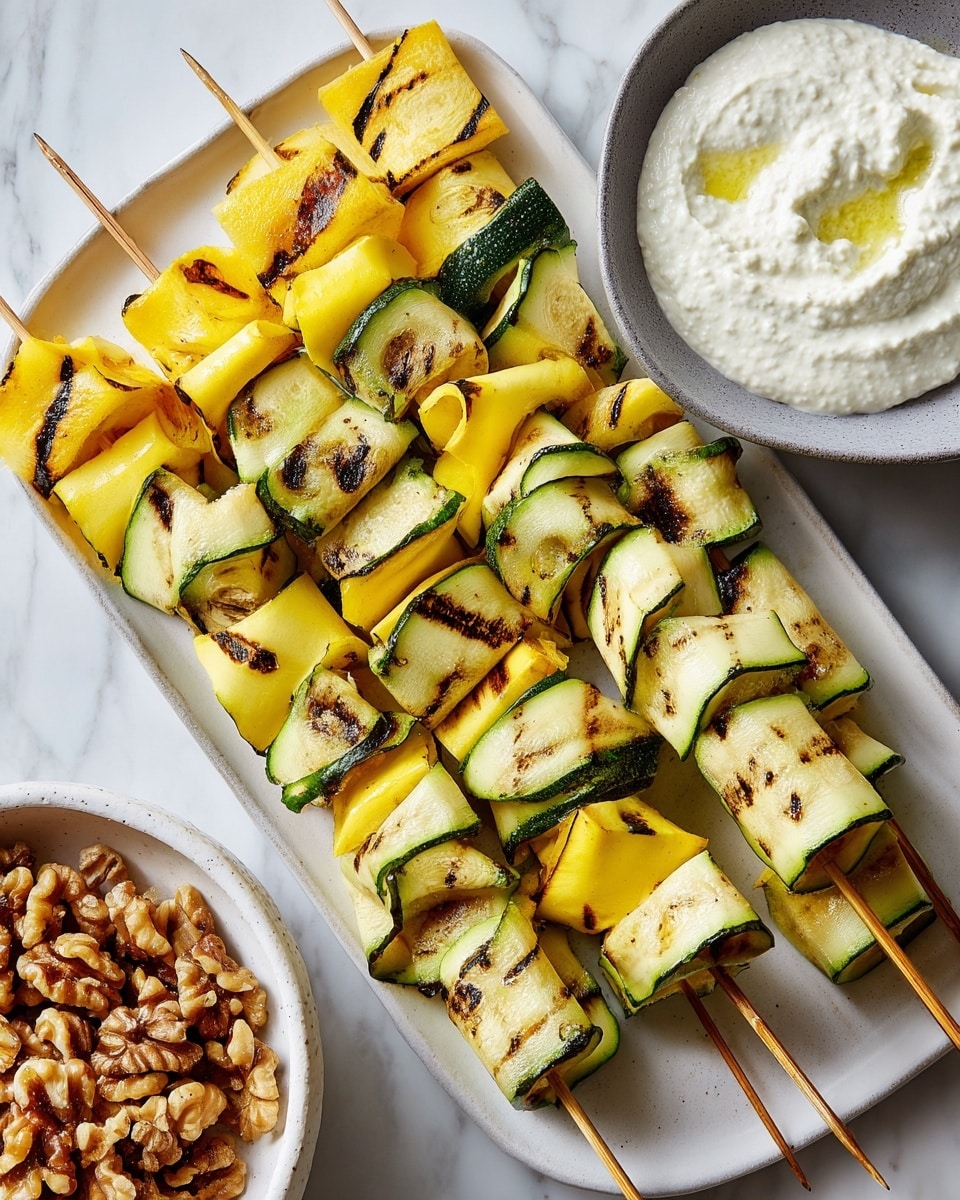 The image shows a white rectangular plate filled with several skewers of grilled yellow and green zucchini slices. Each skewer has thin, flat slices of zucchini and yellow squash folded and stacked in layers, with visible dark grill marks on each piece. On the right side of the plate, there is a gray bowl filled with a smooth, creamy white dip. To the bottom left, part of another white bowl is visible, holding walnuts covered in a golden oil with some herbs. The background is a white marbled texture. photo taken with an iphone --ar 4:5 --v 7