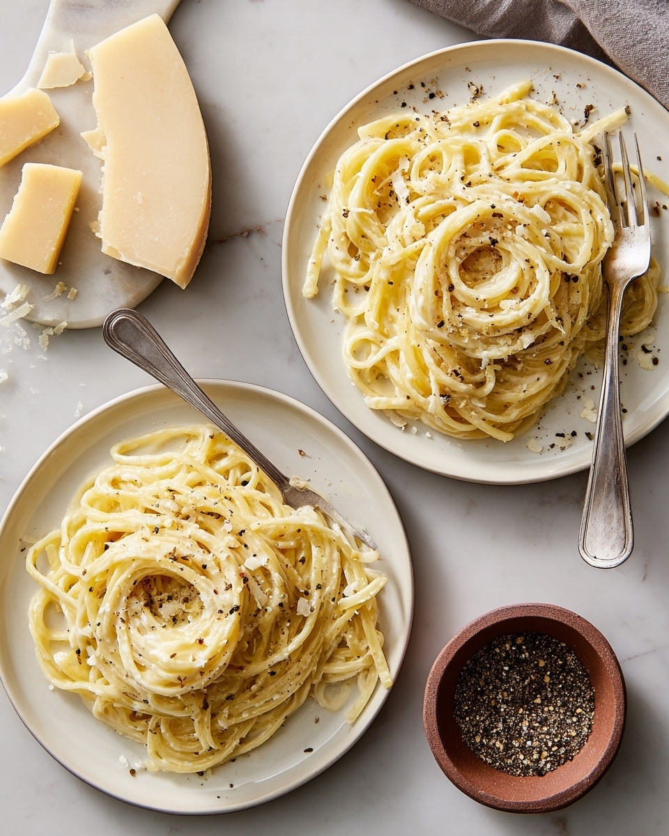 Two white plates hold creamy spaghetti pasta, each plate showing one thick layer of smooth, pale yellow noodles swirled together. The pasta is sprinkled with small bits of white cheese and cracked black pepper, adding texture and contrast. Each plate has a silver fork resting on the edge of the noodles. Nearby on the white marbled surface are chunks of hard cheese and a brown ceramic bowl filled with coarse ground black pepper, some spilling onto the surface. photo taken with an iphone --ar 4:5 --v 7