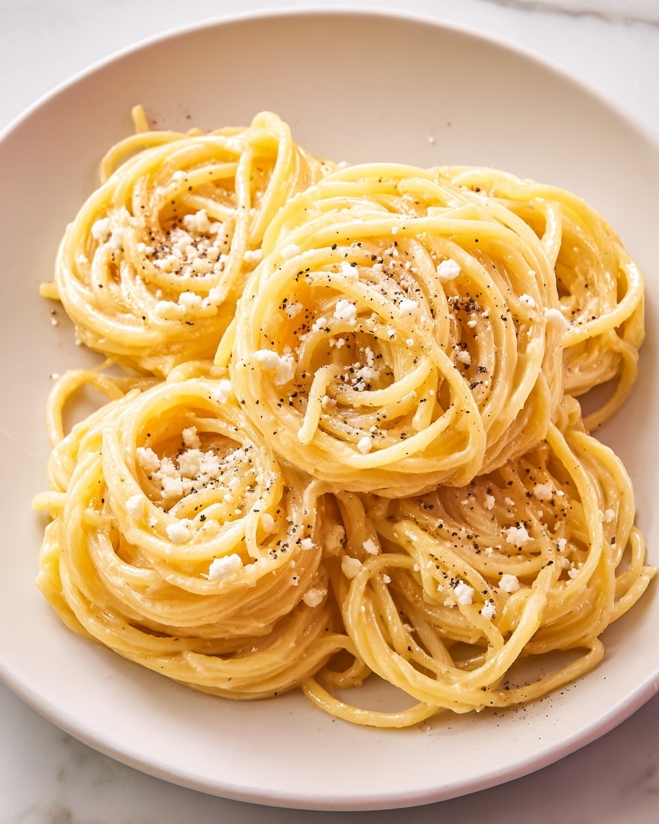 A white plate holds three nests of creamy spaghetti, each golden-yellow strand shiny and smooth, twisted into loose spirals stacked close together. The pasta is coated evenly with a light sauce that gives a glossy, slightly oily texture. Scattered on top are small, coarse white cheese bits and crushed black pepper, adding specks of white and black that contrast with the soft yellow of the noodles. The plate sits on a white marbled surface, creating a clean and bright setting. photo taken with an iphone --ar 4:5 --v 7