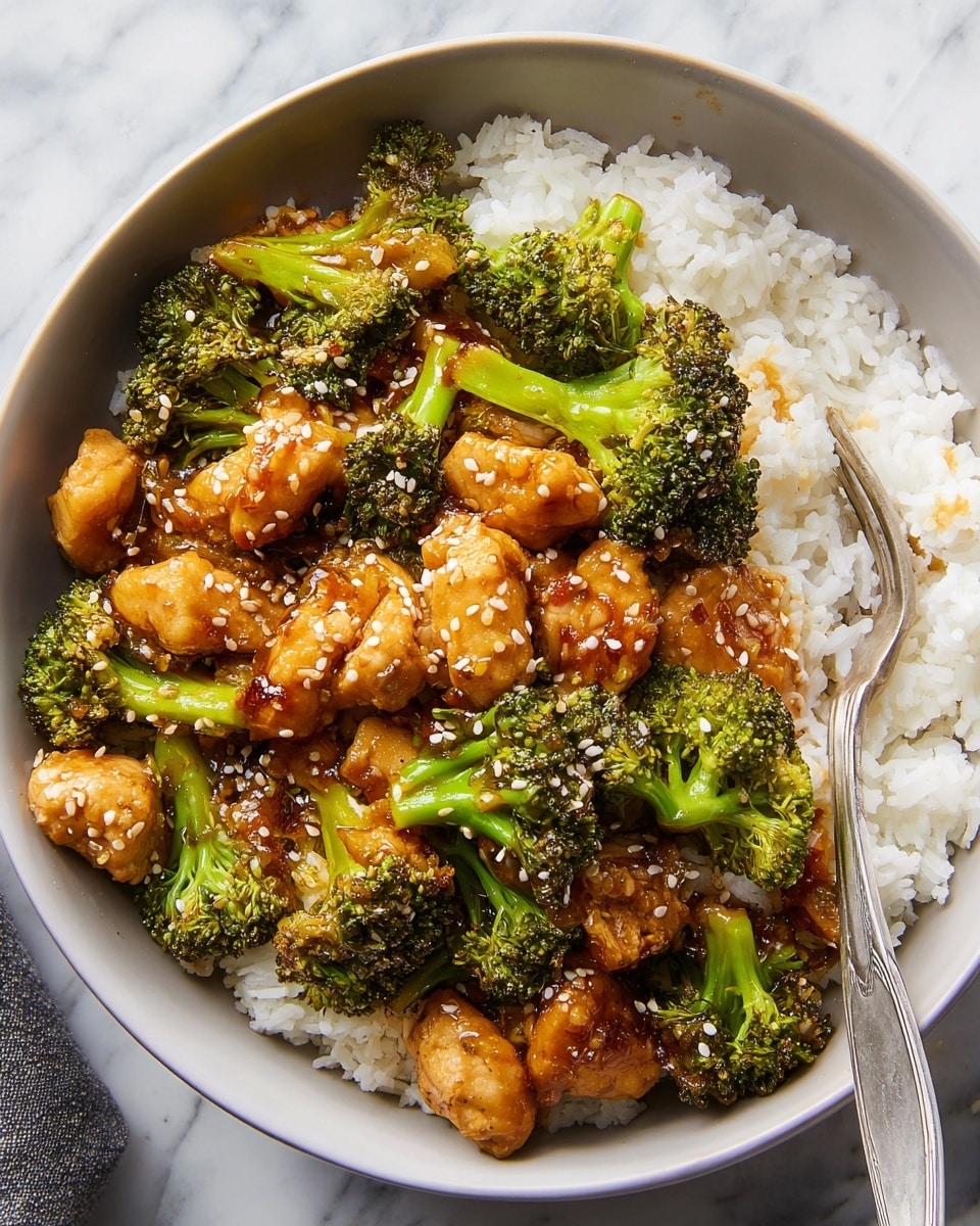 A white bowl filled with two main layers: the bottom layer is white steamed rice with a fluffy texture, and the top layer is a mix of golden-brown chicken chunks and bright green broccoli florets coated in a glossy brown sauce. The dish is sprinkled with small white sesame seeds, adding a bit of texture and contrast. A silver fork rests inside the bowl on the right side, partly touching the food. The bowl sits on a white marbled surface, enhancing the colors of the food. Photo taken with an iphone --ar 4:5 --v 7