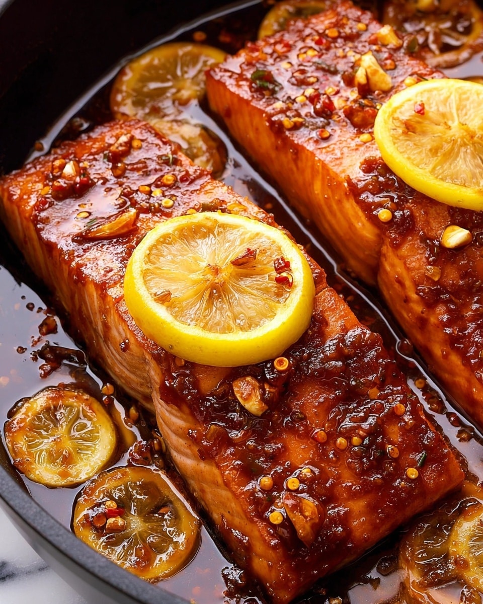 The image shows three pieces of cooked salmon fillets in a dark pan, each topped with shiny, dark brown glaze being drizzled from a silver spoon by a woman's hand. Each salmon piece has a thin lemon slice on top, with the glaze dripping down the sides, creating a glossy texture. Around the salmon, there are browned, slightly curled onion slices scattered in the pan, adding texture and color contrast. The surface is shiny with the sauce pooling around the fish, giving a rich, glistening look to the dish. photo taken with an iphone --ar 4:5 --v 7