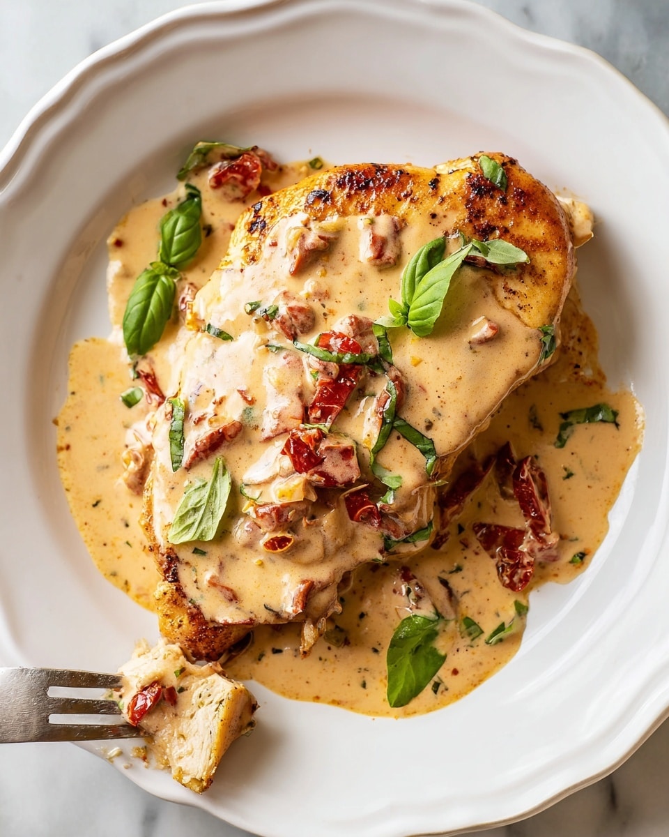 A piece of cooked chicken breast with a golden brown, slightly crispy outer layer sits in the center of a white plate. It is covered with a creamy pinkish-beige sauce that has visible small pieces of red sun-dried tomatoes and green fresh basil leaves scattered throughout. The sauce also has a smooth and slightly thick texture, spreading out onto the plate. There are whole basil leaves placed on top and around the chicken, offering a fresh green contrast. A fork is touching the left side of the chicken with a cut piece on the fork, showing the white, tender inside of the chicken. The plate rests on a white marbled surface. photo taken with an iphone --ar 4:5 --v 7