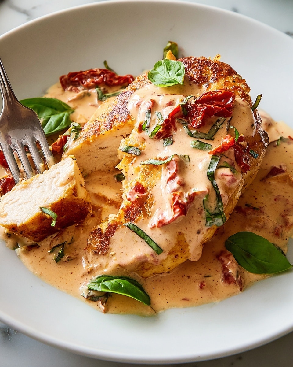 A piece of golden-brown grilled chicken breast sits in the center of a white plate with a wavy edge, covered in a thick, creamy, light beige sauce mixed with small bits of red sun-dried tomatoes and green herbs. The sauce also pools around the chicken, spreading slightly on the plate. Fresh green basil leaves are scattered on top and around the chicken, adding a pop of color. A silver fork holds a small piece of chicken dipped in the creamy sauce at the bottom left edge of the plate. The whole scene is set on a white marbled surface. photo taken with an iphone --ar 4:5 --v 7