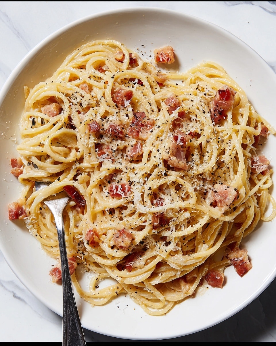 A white plate holds a serving of spaghetti pasta mixed with a creamy sauce, scattered with small cubes of cooked bacon throughout. The spaghetti is lightly coated with grated cheese and crushed black pepper, giving it a speckled look. A silver fork is twirling a small portion of the spaghetti near the top left edge of the plate. The plate is set on a white marbled surface. photo taken with an iphone --ar 4:5 --v 7