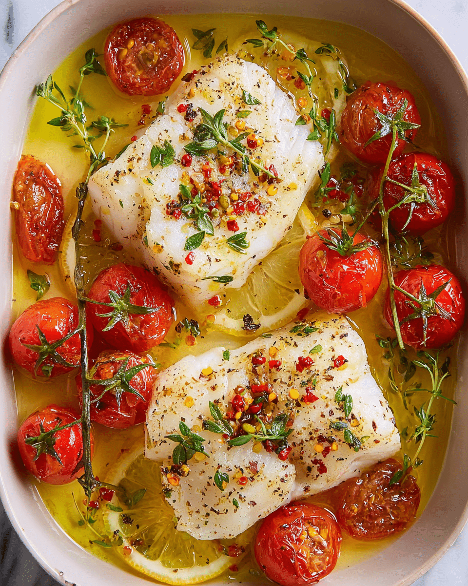 This close-up image shows a dish with two thick, white pieces of fish, each sprinkled with black pepper, red chili flakes, fresh green herbs, and small thyme leaves. Around the fish are bright red cherry tomatoes still on green stems, and slices of light yellow lemon partly submerged in olive oil with a golden shine. The dish sits on a white marbled surface that adds a clean look. Photo taken with an iphone --ar 4:5 --v 7